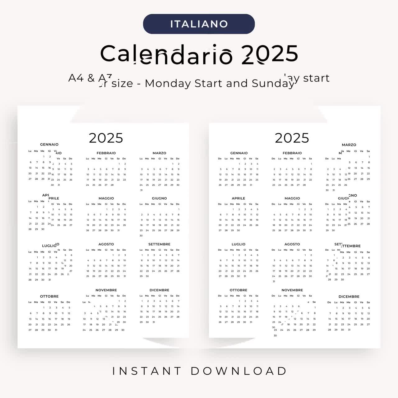 Calendario 2025 Calendario Annuale 2025 Calendario In Italiano in Italy 2025 Calendar Printable