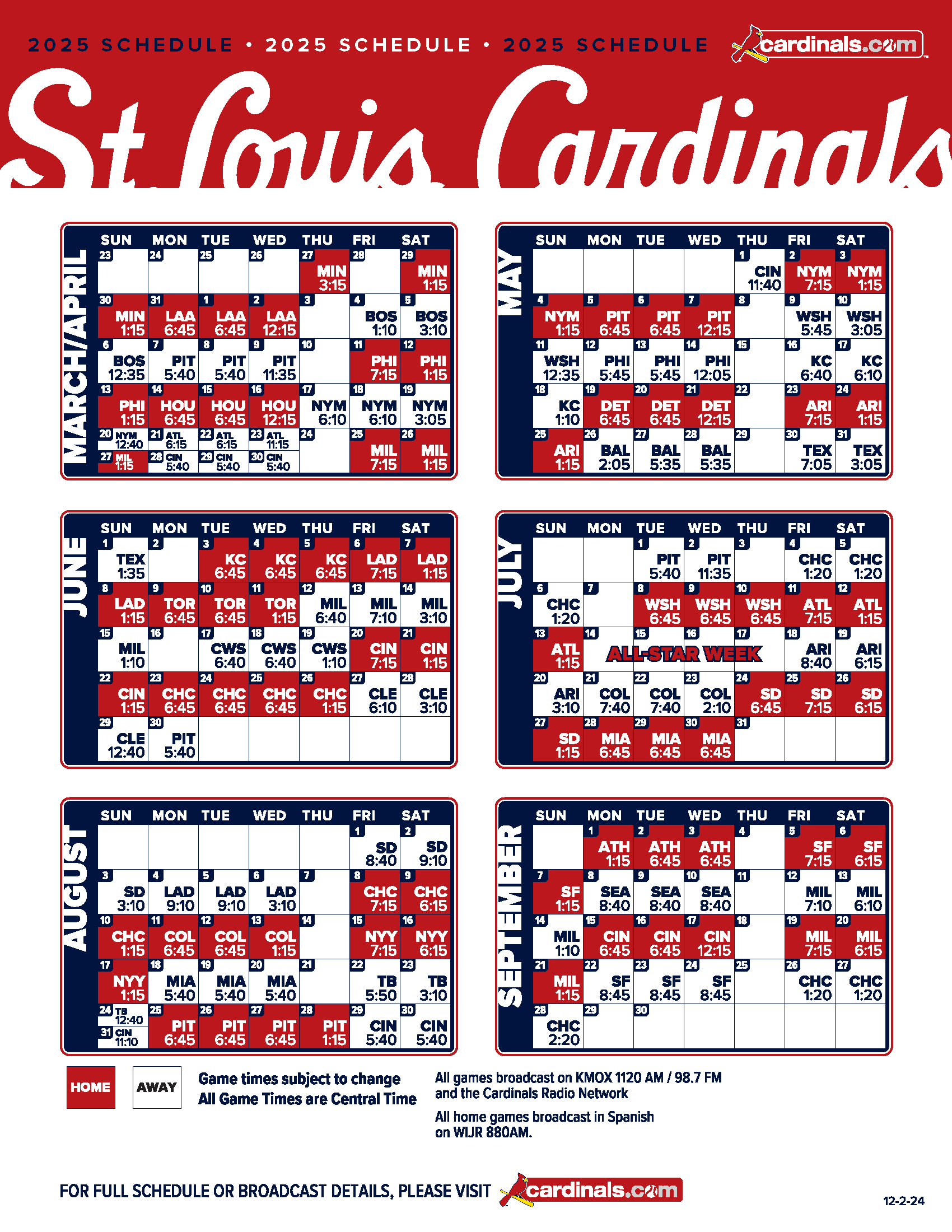 Cardinals Schedules — The Franchise Sports Bar And Grill in Cardinals 2025 Calendar Printable