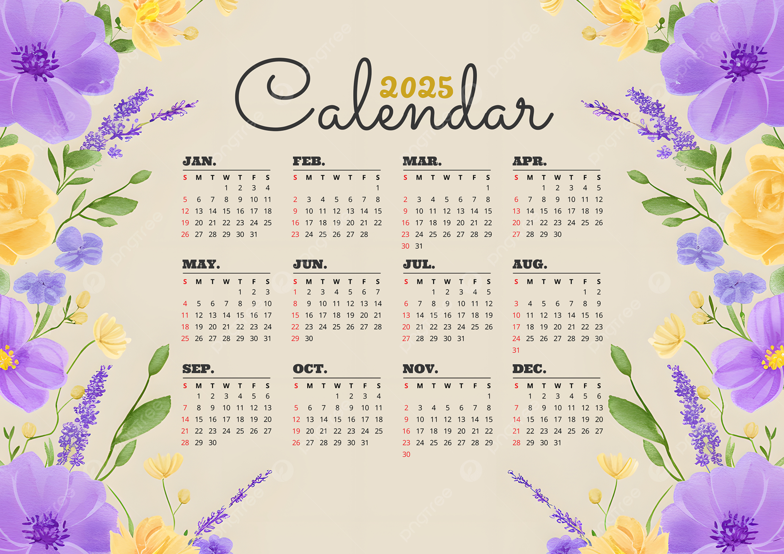 Cartoon Illustration Flowers Plant Leaves 2025 New Year Calendar pertaining to Flowers 2025 Easel Calendar Printable