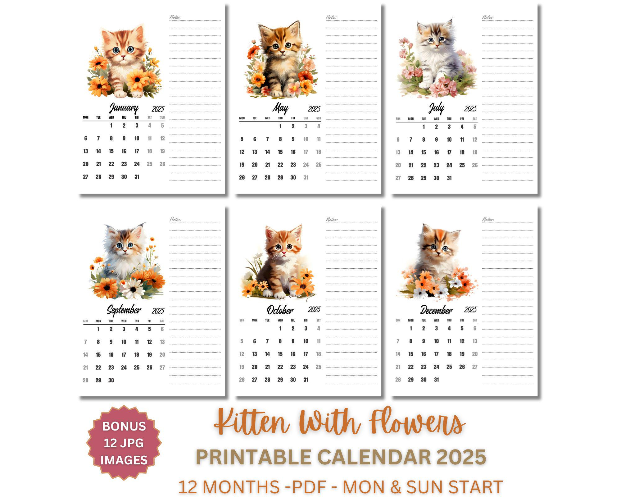 Cat With Flowers Calendar 2025, Cute Kitten Calendar, Monday And intended for Literary Kitties 2025 Calendar Printable