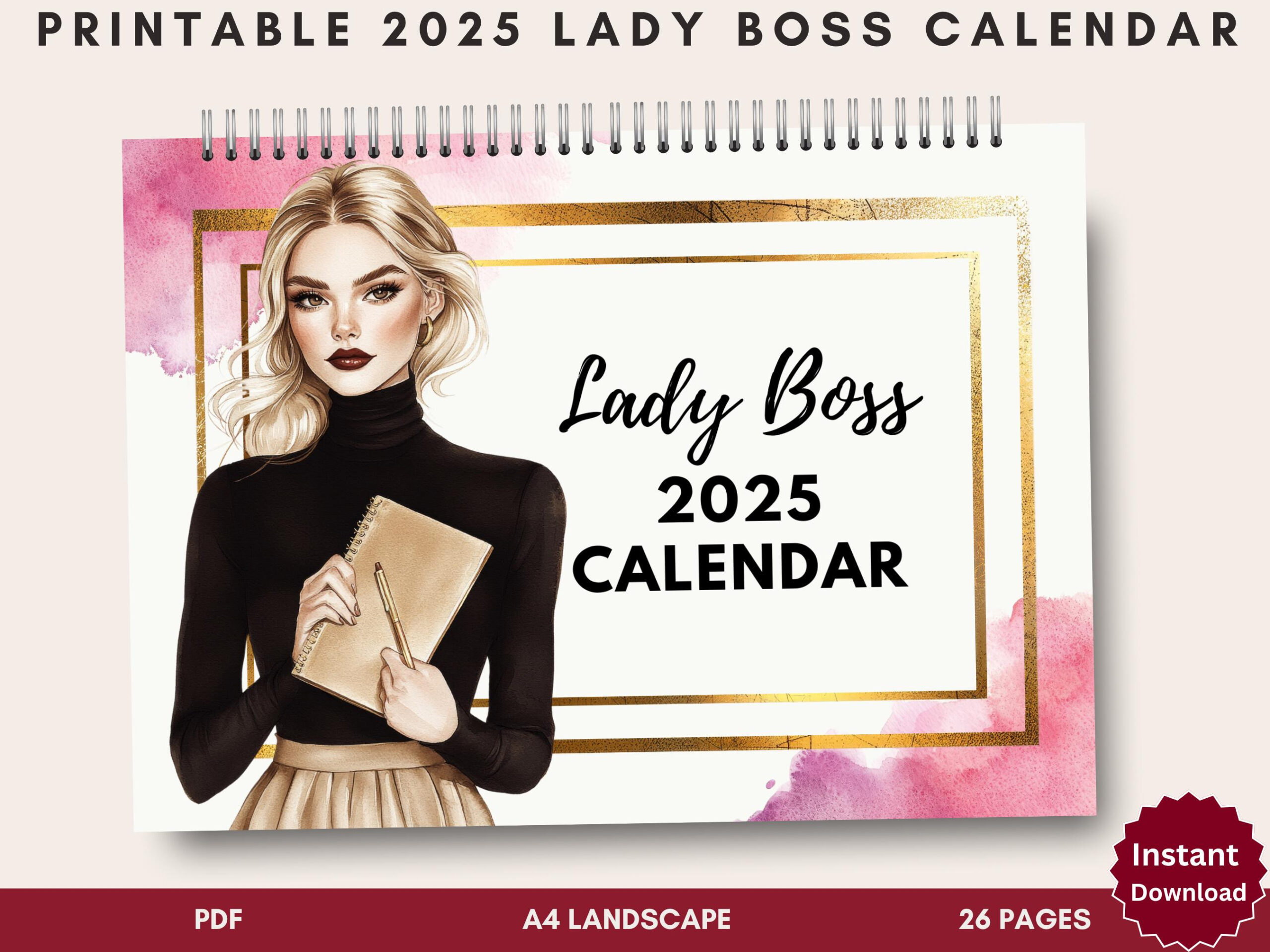 Chic Lady Boss Calendar 2025 Business Planner For Entrepreneur with Girl With Sunglasses 2025 Calendar Printable