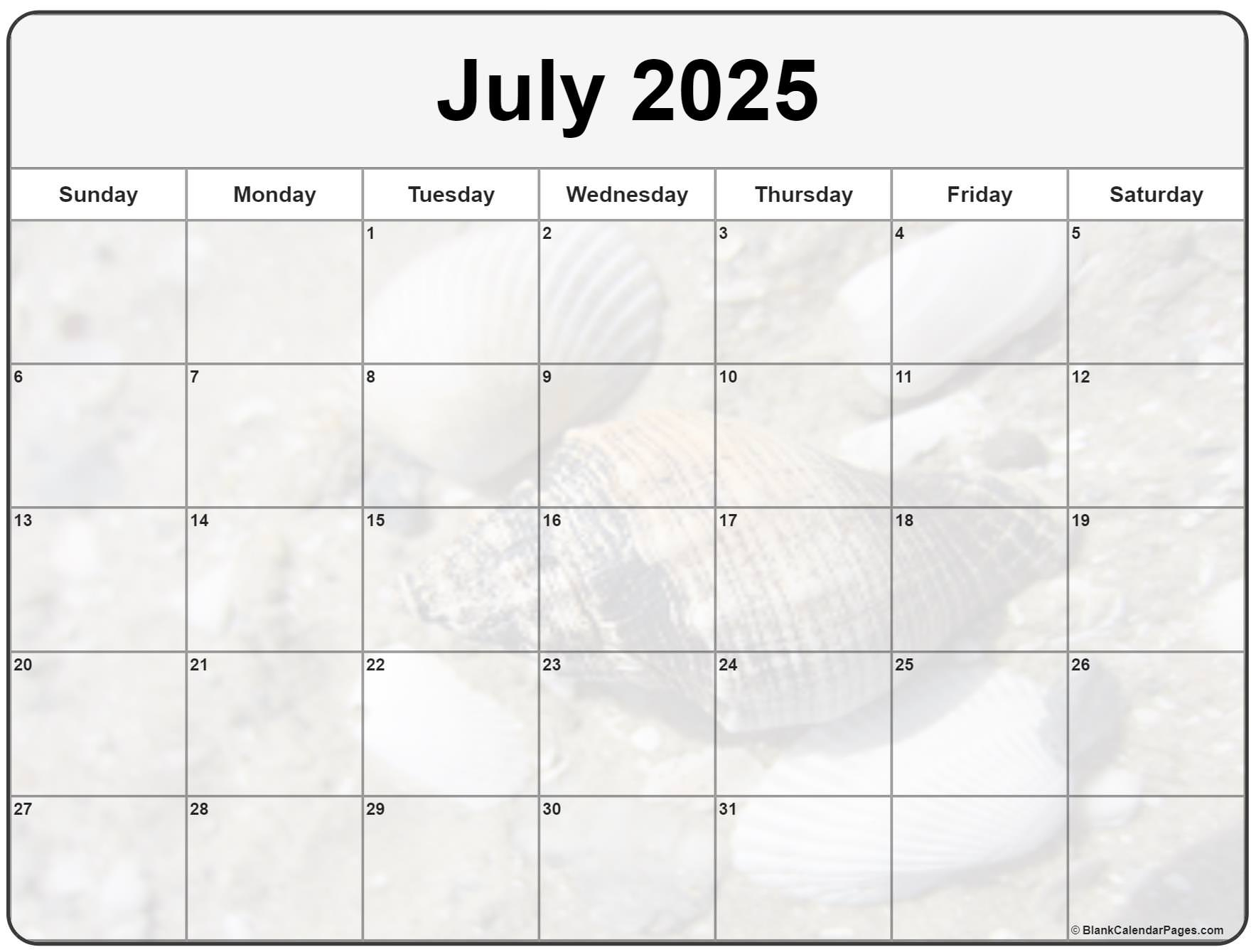 Collection Of July 2025 Photo Calendars With Image Filters. for Seashells 2025 Calendar Printable