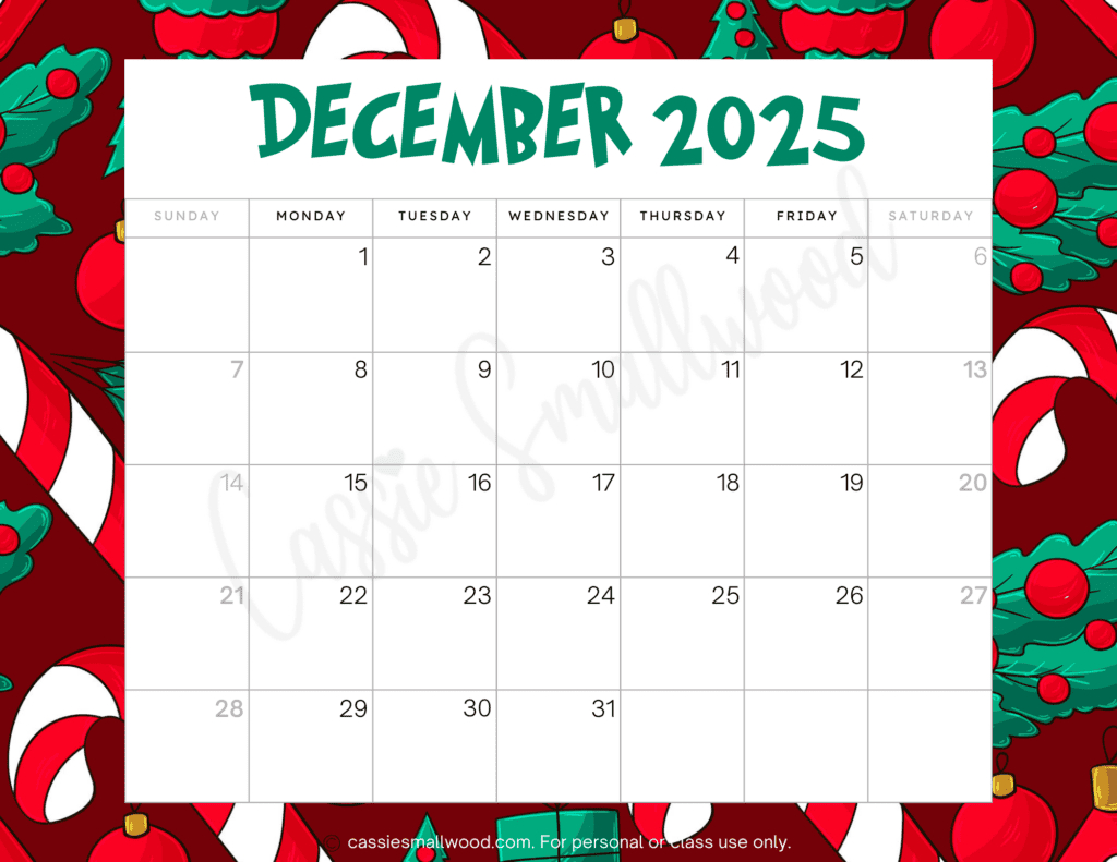 Cute 2025 Free Printable Monthly Calendars - Cassie Smallwood intended for Candies 2025 Calendar Printable
