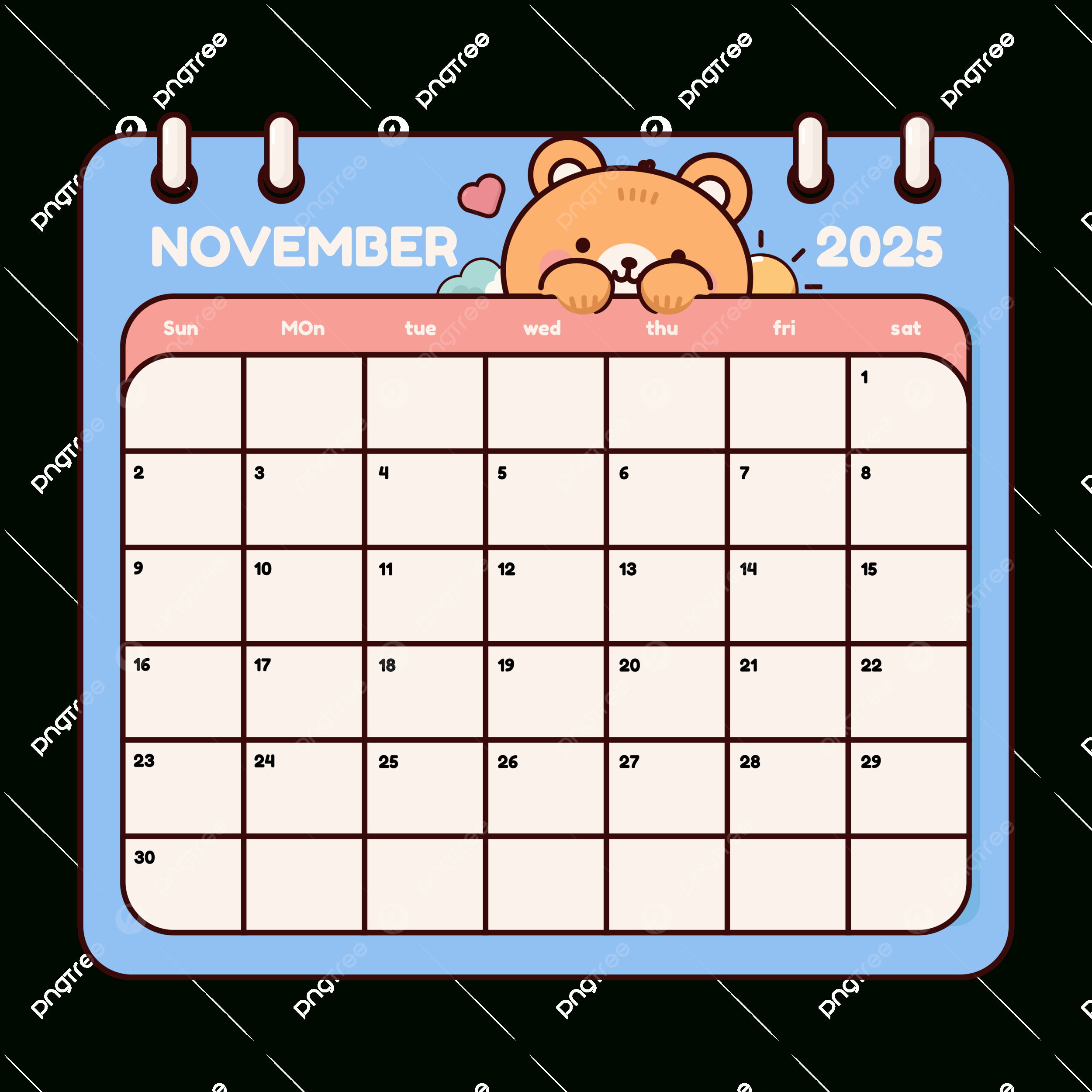 Cute Cartoon Bear November 2025 Calendar Page Wall Template within Punny Cartoon a Day 2025 Calendar Printable