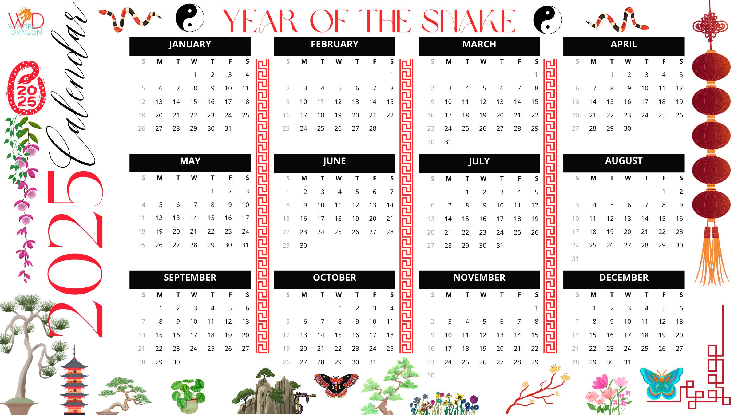 Digital Calendar 2025, Digital Calendars 2025, Digital Calendar inside Dragon 2025 Calendar Printable