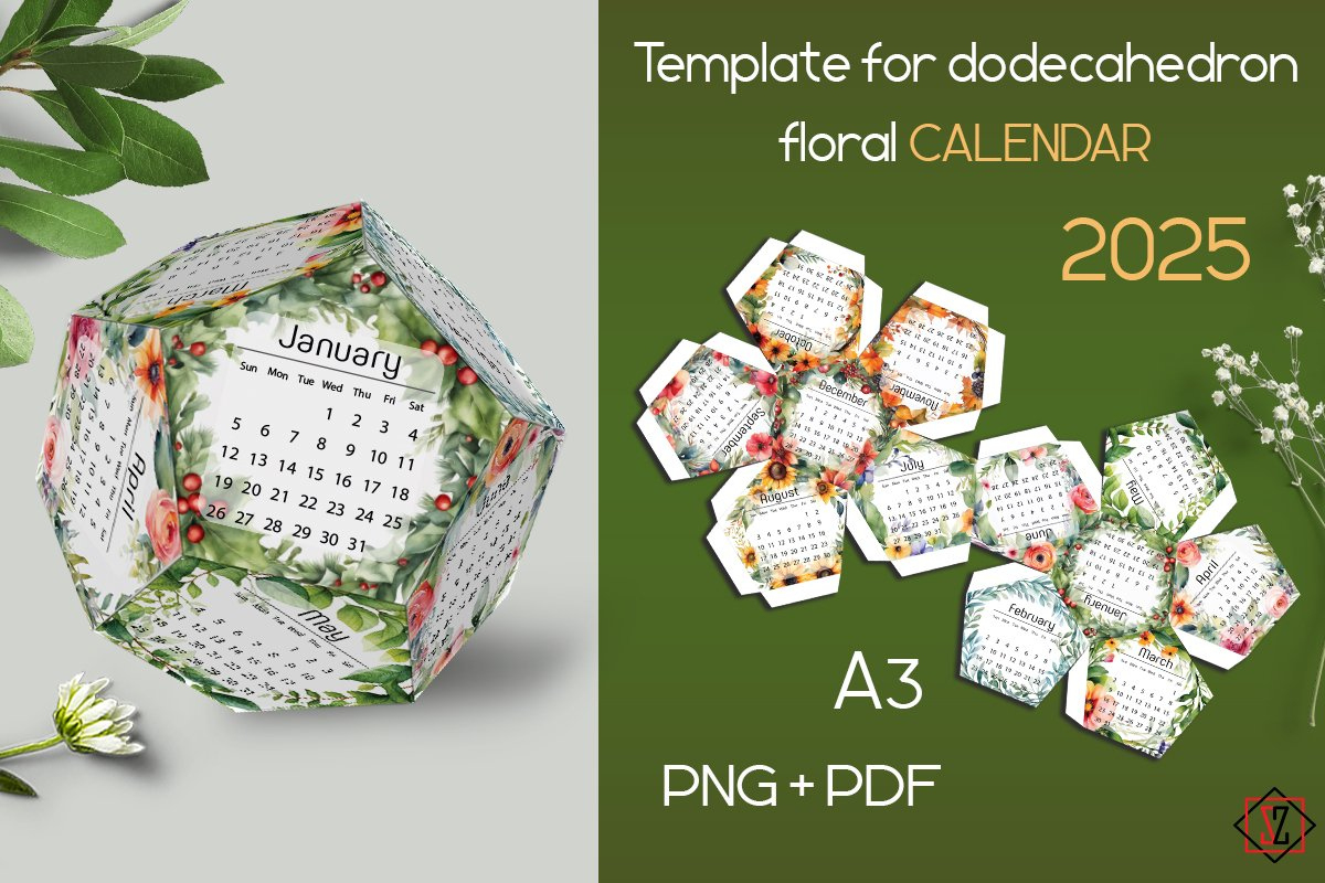 Dodecahedron Flower Calendar Template For The Year 2025 within Flower Studies 2025 Easel Calendar Printable