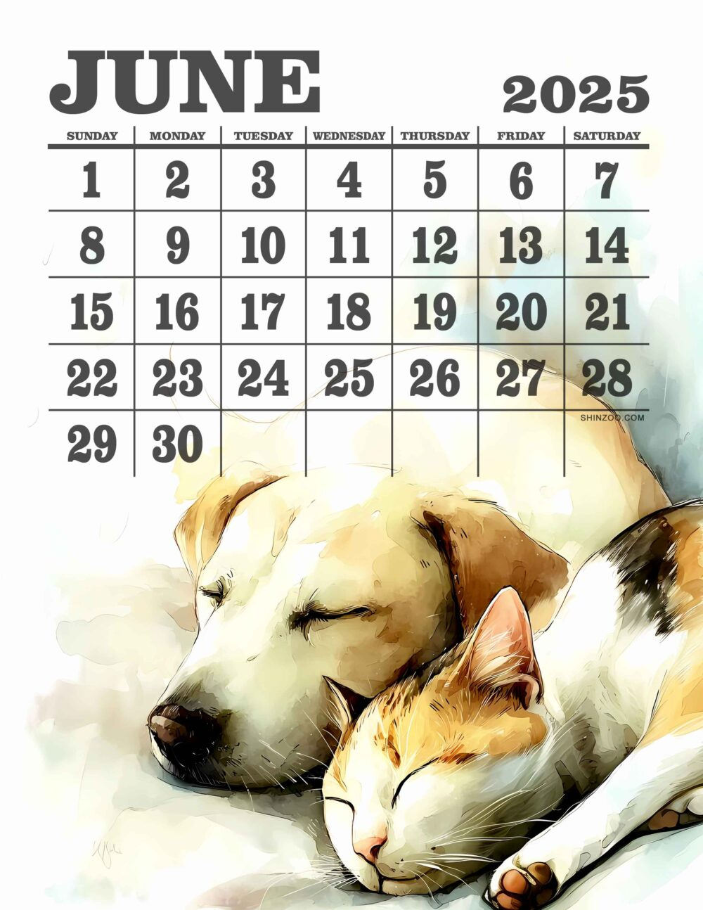 Dog And Cat Calendar June 2025 Animal Friendship Sleeping Pet Art with regard to Dog Gallery 2025 Calendar Printable