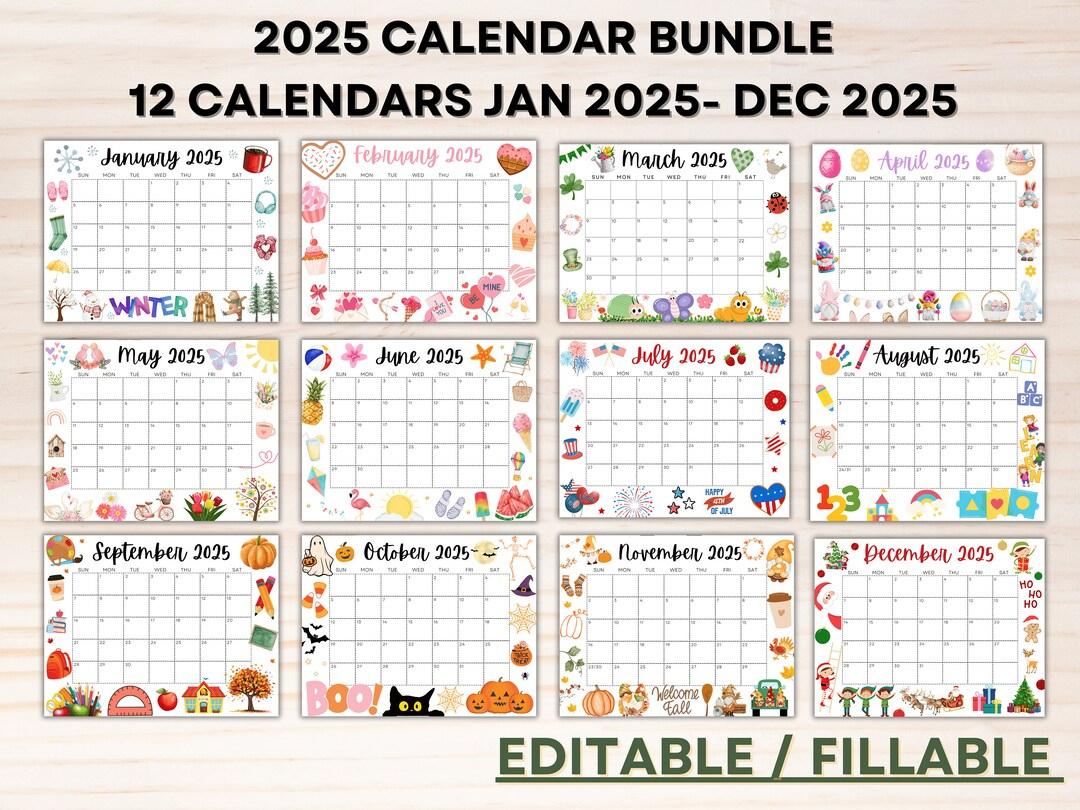 Editable 2025 Calendar Bundle- Cute Printable Calendars- Kids in Boo 2025 Calendar Printable