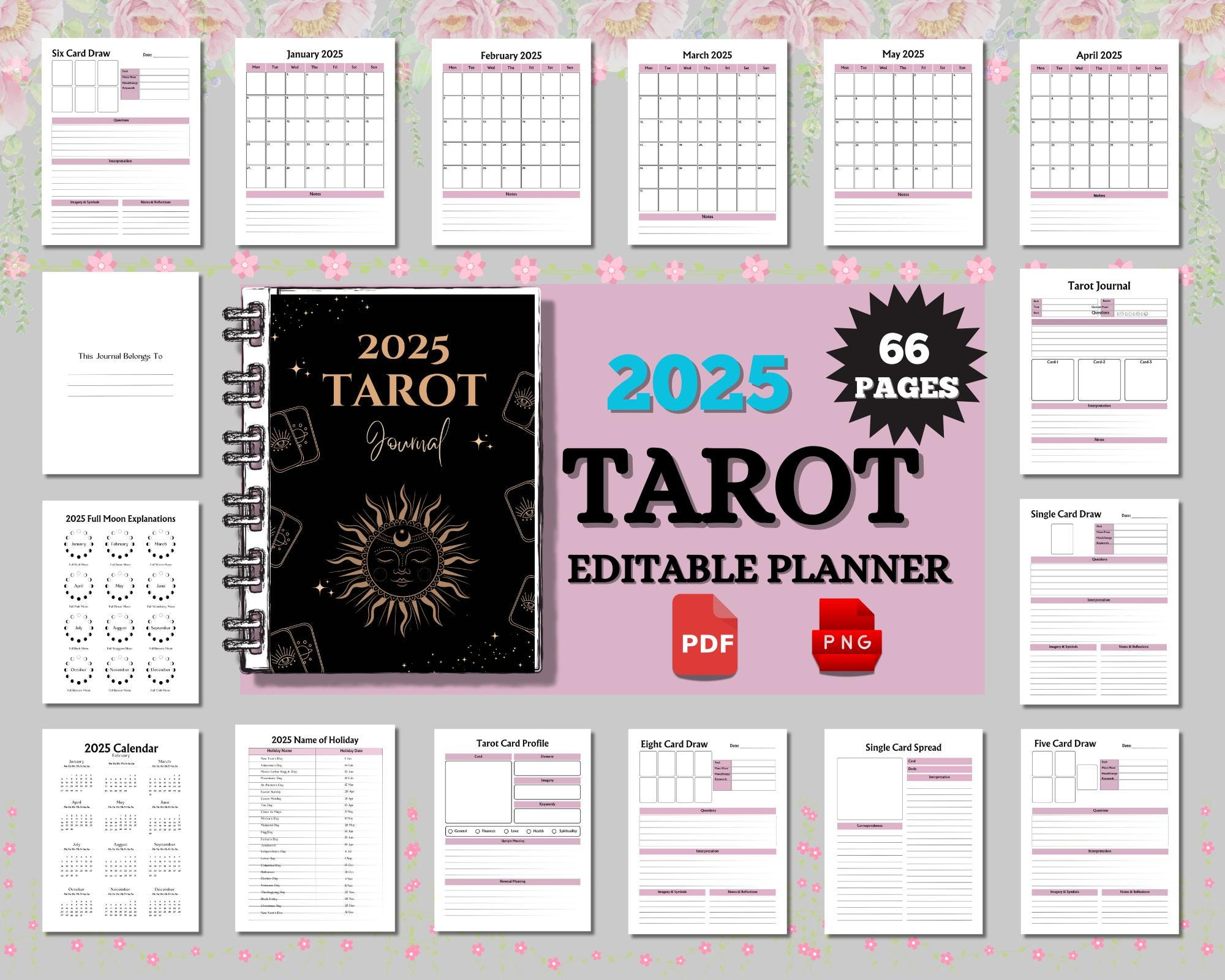 Editable 2025 Tarot Bundle Planner, Digital Tarot Deck, Tarot in Tarot 2025 Calendar Printable
