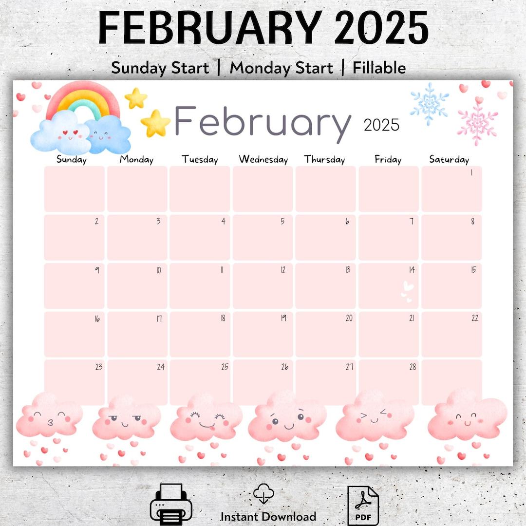 Editable February 2025 Calendar, Beautiful Rainbow, Cute Clouds for Clouds 2025 Calendar Printable