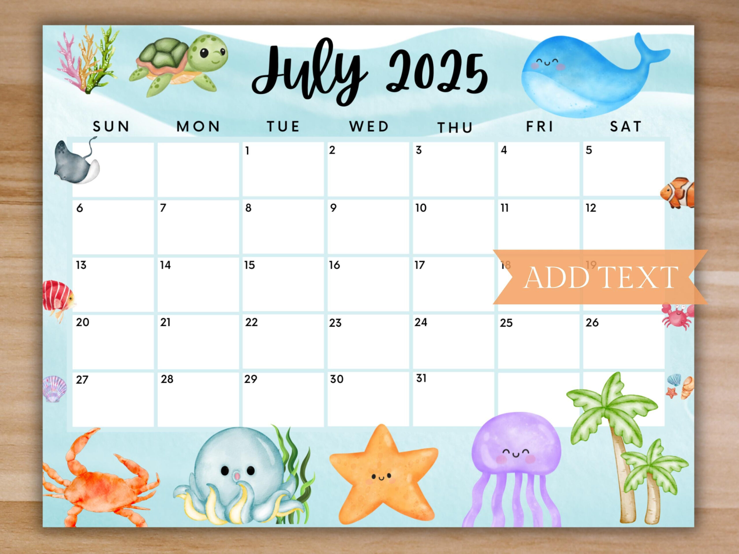 Editable July 2025 Summer Calendar, Printable Calendar W/ Sea with regard to Gone Coastal Art 2025 Calendar Printable