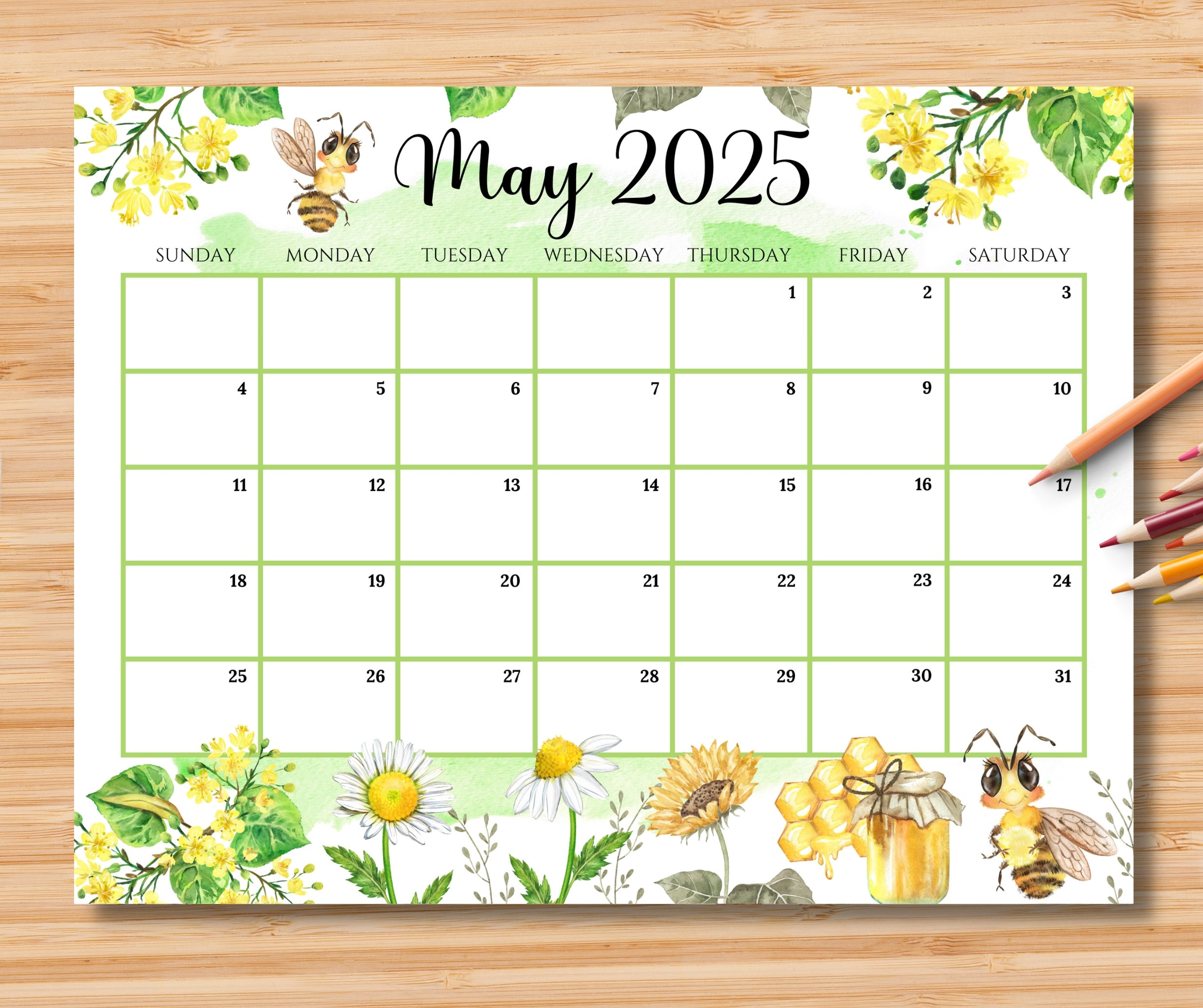 Editable May 2025 Calendar, Hello Spring With Cute Honey Bees throughout Reasons to Bee 2025 Calendar Printable