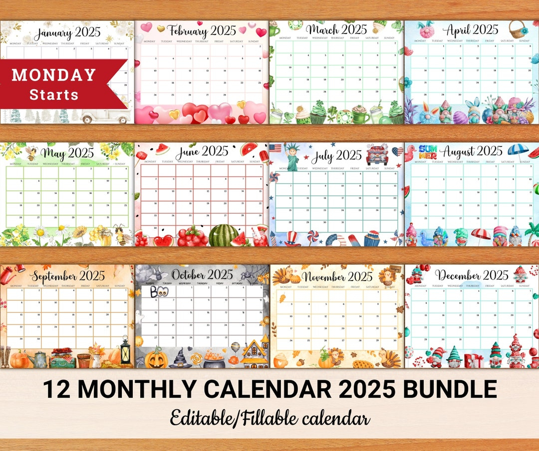 Editable Monthly Calendar 2025 Bundle (Monday Starts), Cute throughout Boo 2025 Calendar Printable
