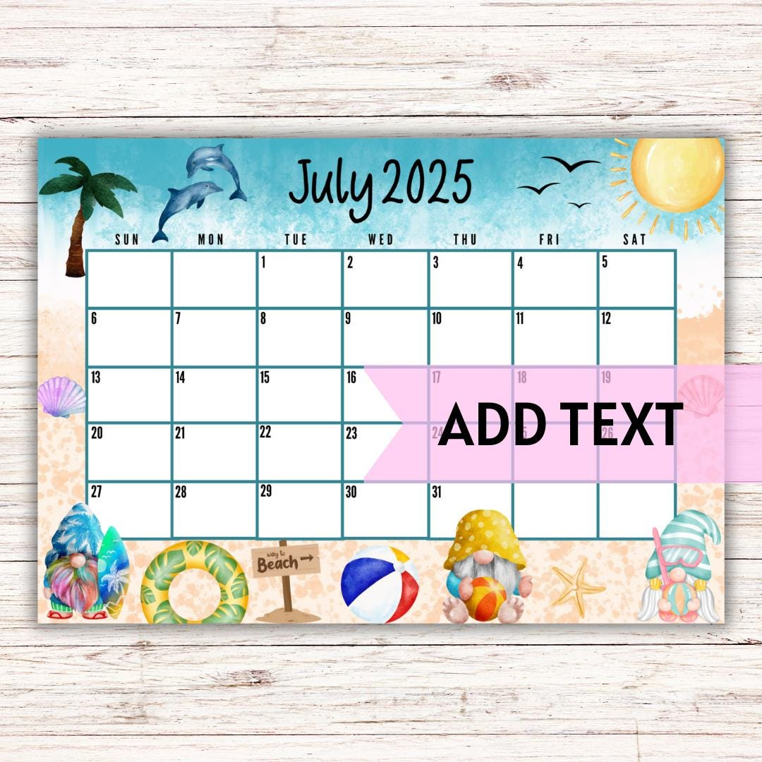 Editable Printable July Calendar 2025 | Adorable Beach Scene Gnome July Calendar | Summer Calendar | July 2025 Calendar | Monthly Calendar - Etsy throughout Gone Coastal Art 2025 Calendar Printable