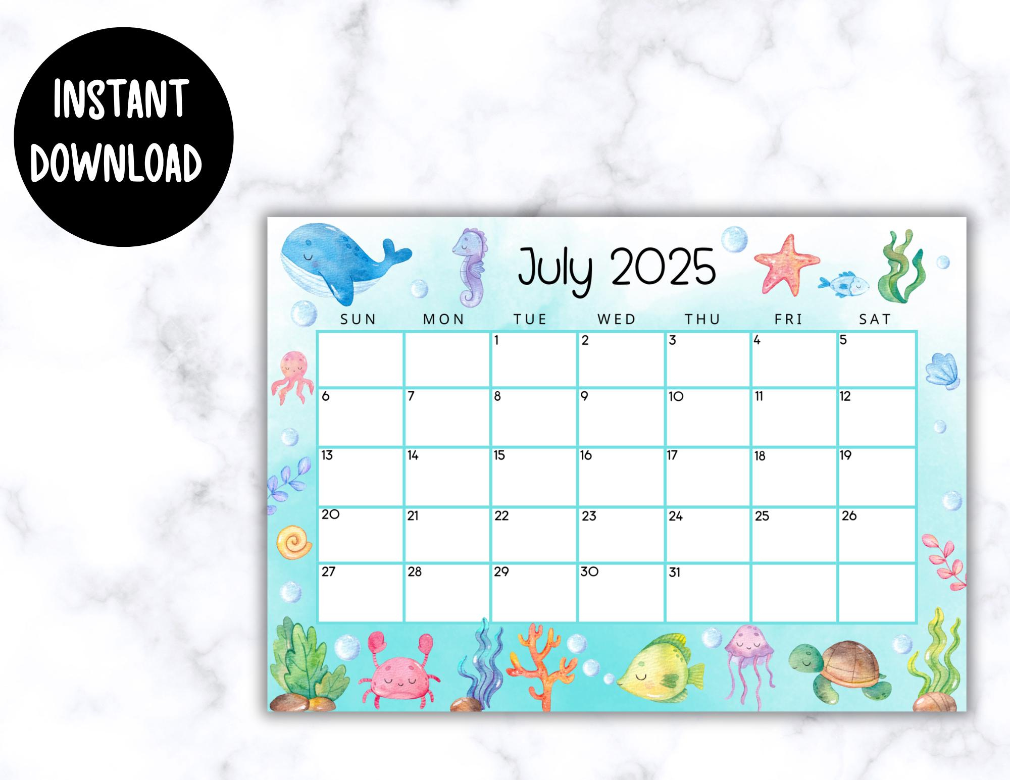 Editable Printable July Calendar 2025 | Cute Under The Sea July throughout Sea Creatures 2025 Calendar Printable