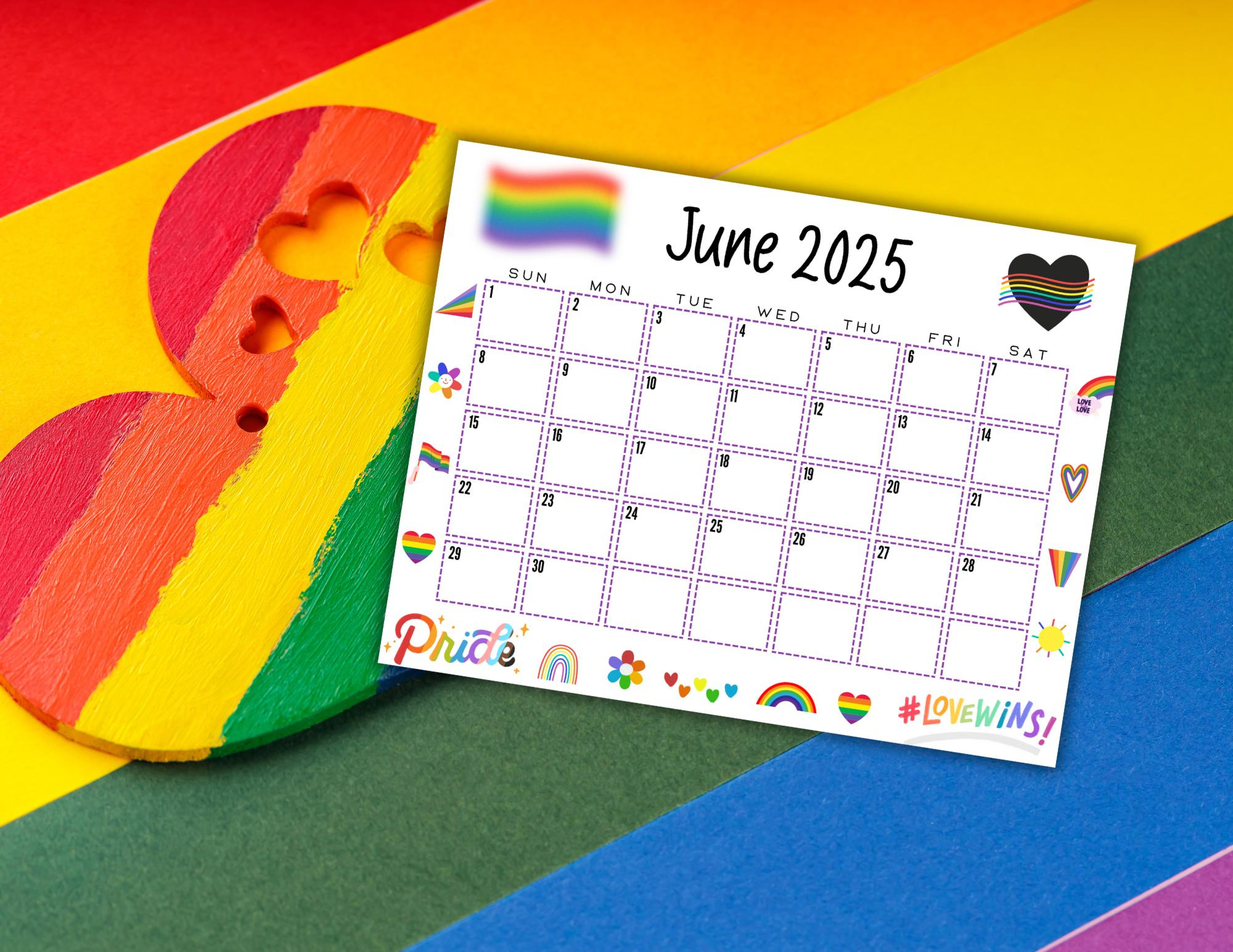 Editierbarer Kalender Juni 2025 | Lgbtq+ Monatsplaner | Printable for June 2025 Pride Month Calendar