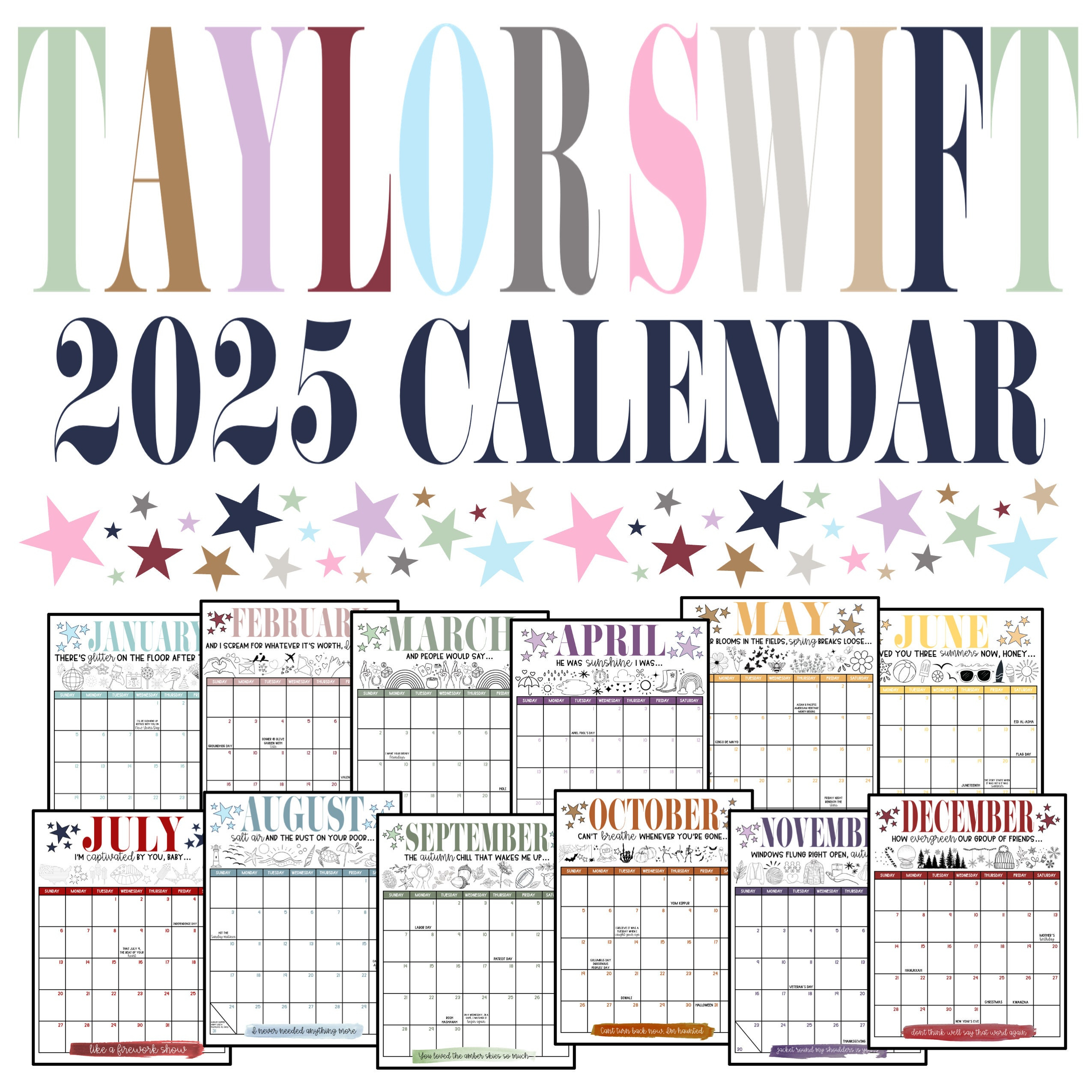 Eras Themed 2025 Printable Calendar - Etsy for Taylor Swift Poster 2025 Calendar Printable