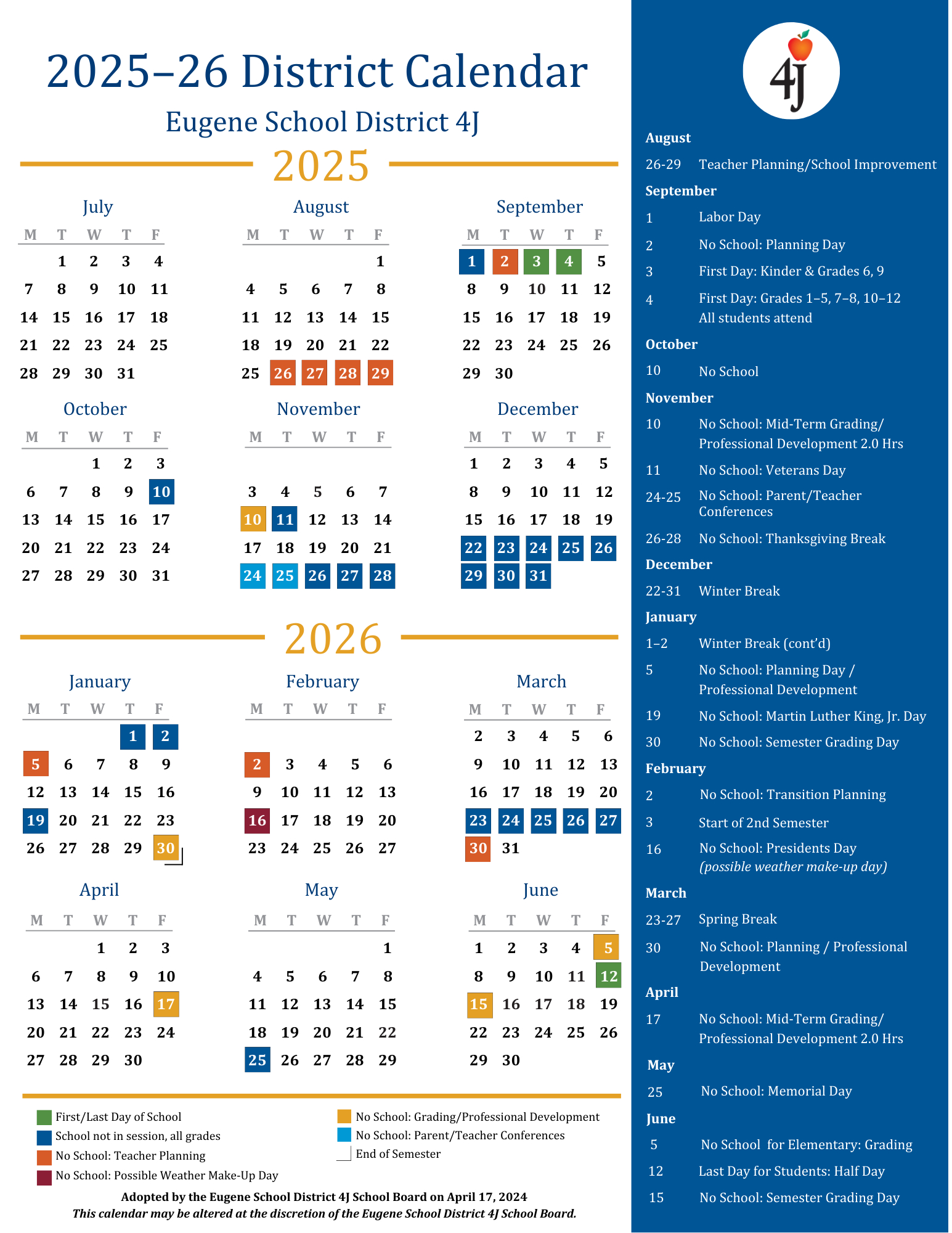 Eugene School District 4J - Calendars intended for Oregon 2025 Calendar Printable