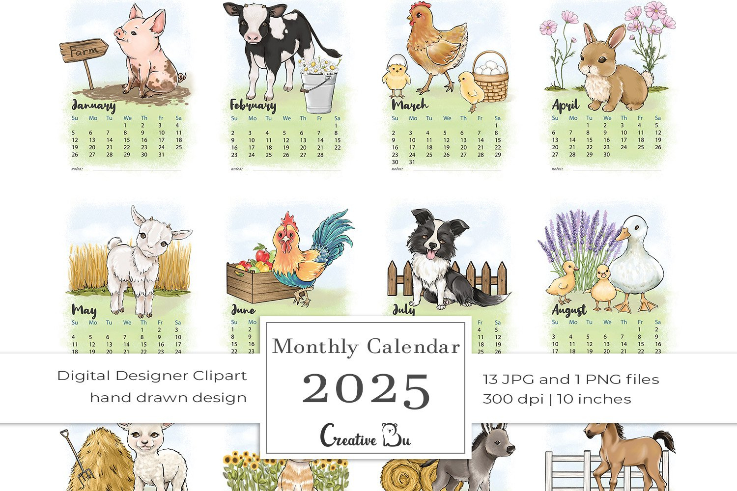 Farm Animals Printable Calendar 2025 Monthly Pages Planner intended for On the Farm 2025 Calendar Printable