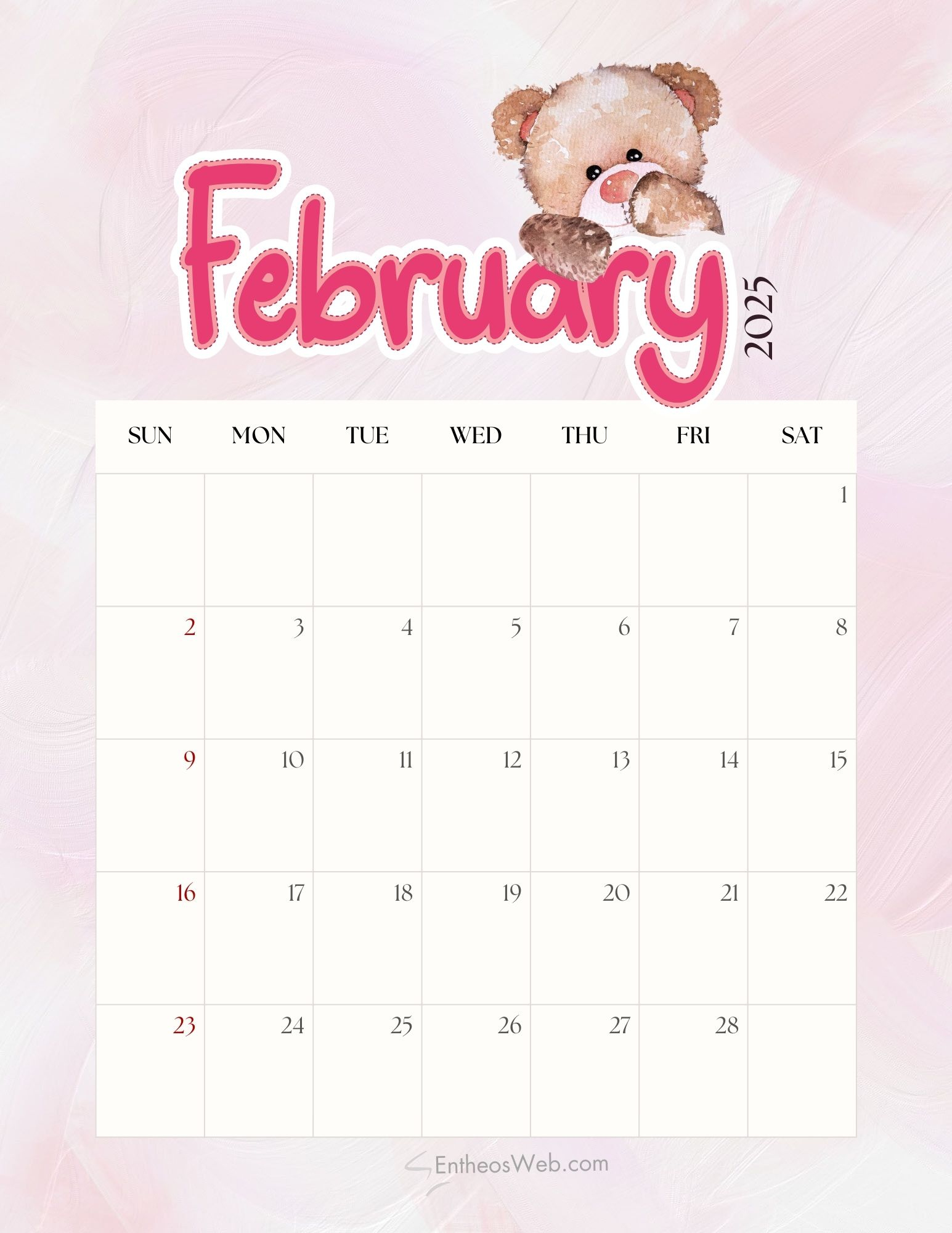 February 2025 Calendar Free Pdf Printables | Entheosweb within Bears 2025 Calendar Printable