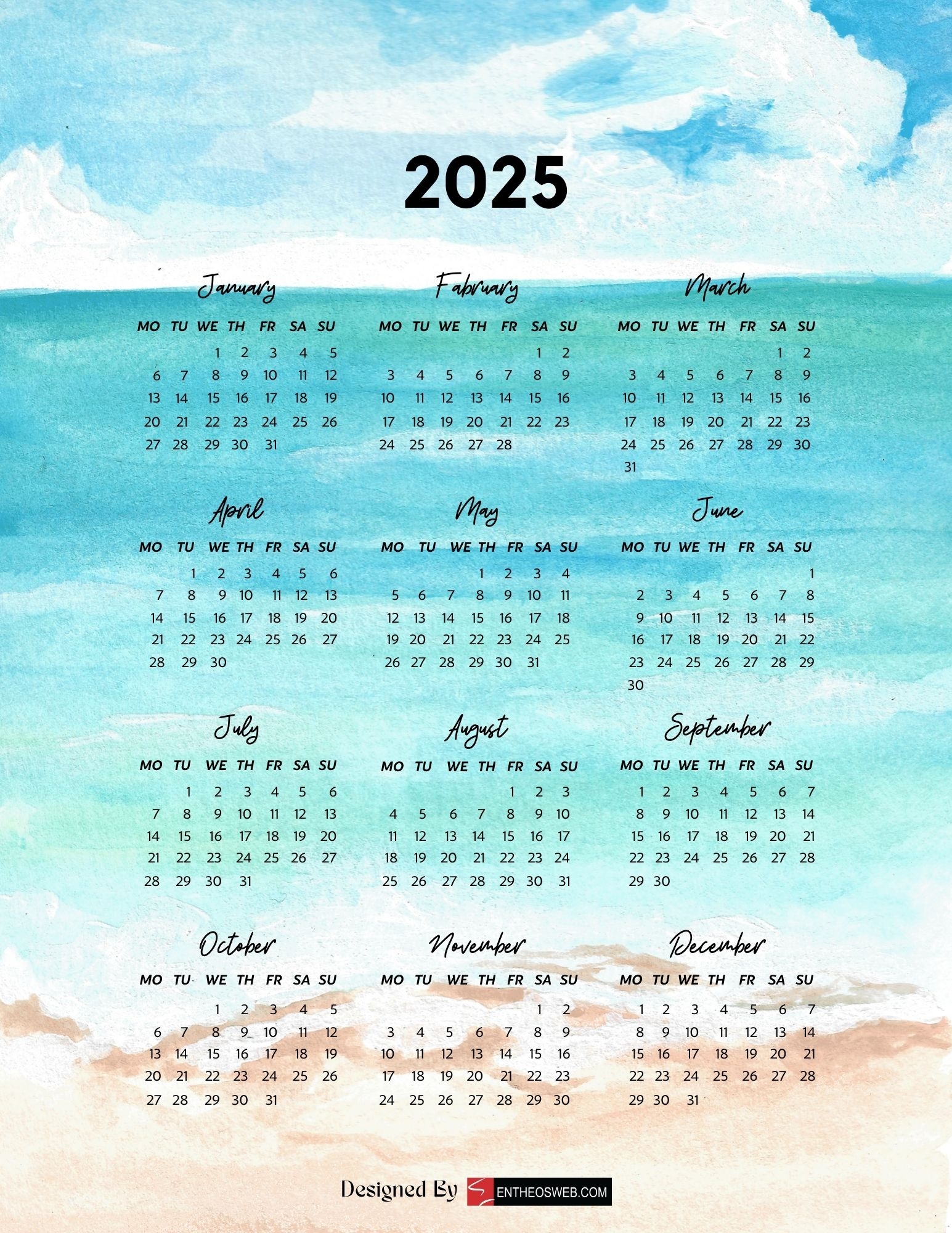 Free 2025 Calendar Printables | Entheosweb intended for Beaches 2025 Calendar Printable