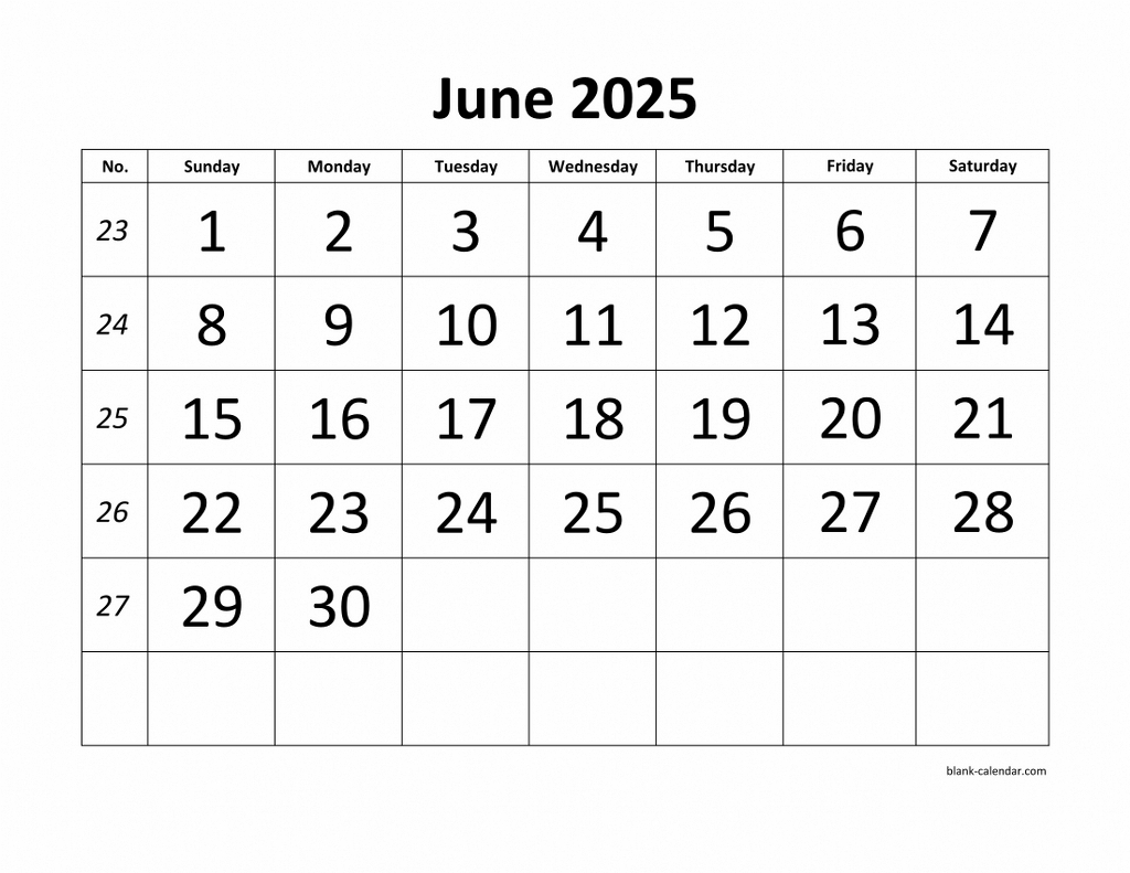 Free Download Printable June 2025 Calendar, Large Font Design in Show Me The Calendar For June 2025