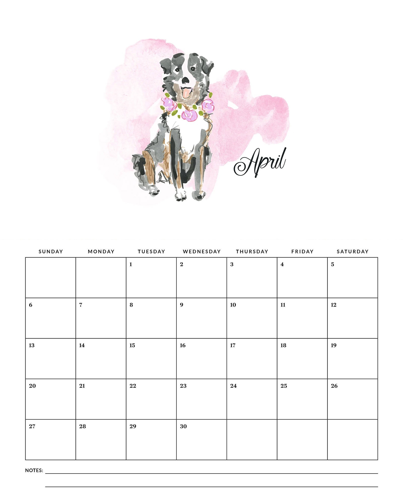 Free Printable 2025 Watercolor Dog Calendar - The Cottage Market throughout Puppies in Pink 2025 Calendar Printable