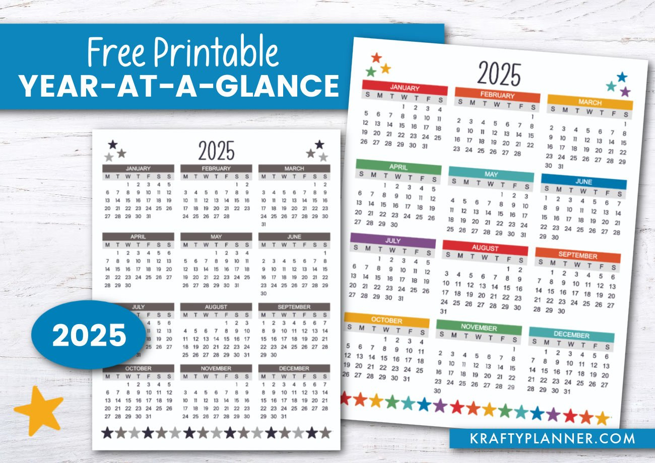 Free Printable 2025 Year-At-A-Glance — Krafty Planner for Brain Games 2025 Calendar Printable