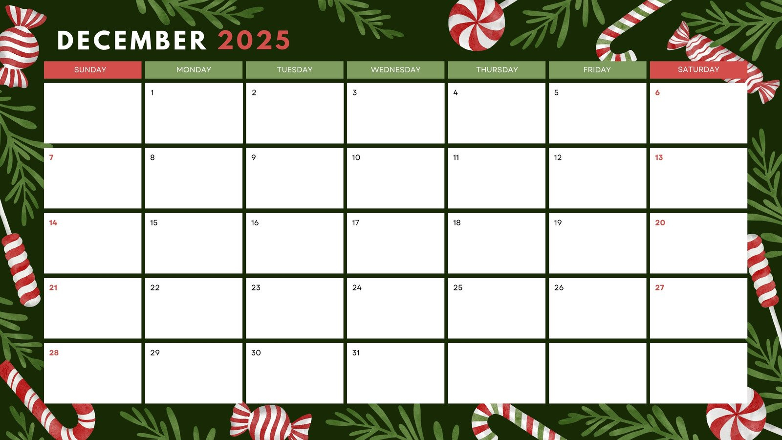 Free, Printable December 2025 Calendar Templates | Canva intended for Candies 2025 Calendar Printable