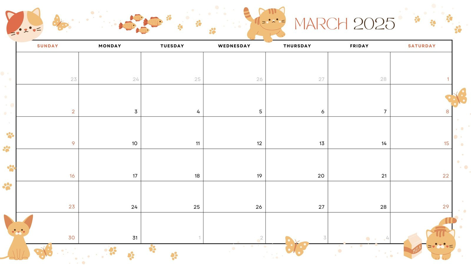 Free To Edit And Print March 2025 Calendar Templates | Canva intended for Cat Chat 2025 Calendar Printable