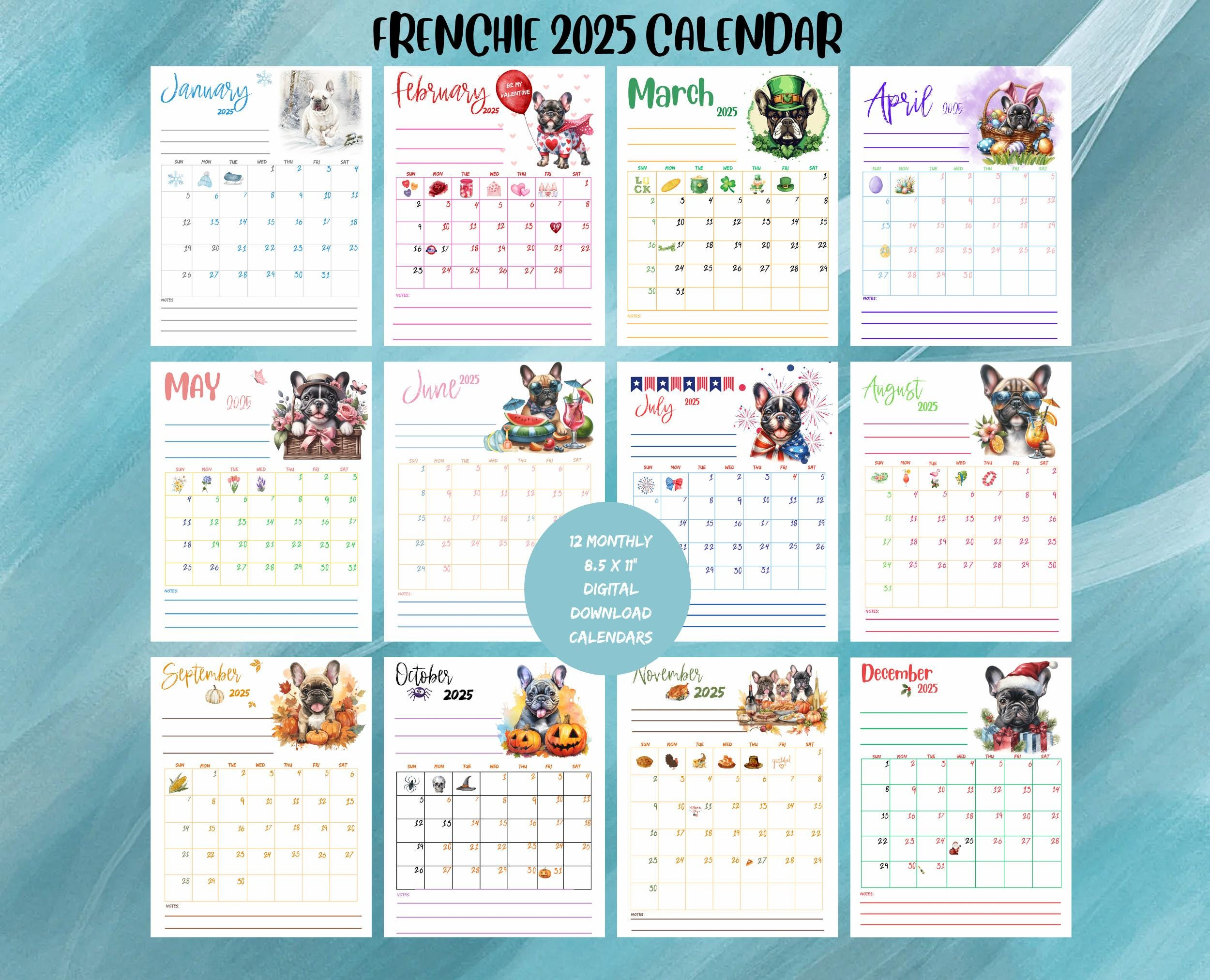 French Bulldog 2025 Calendar Printable 12 Month Calendar inside Bulldogs 2025 Calendar Printable