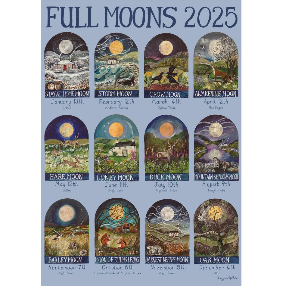Full Moons 2025 - N. American Version Poster Print | Driftwood Designs regarding Street Art Poster 2025 Calendar Printable