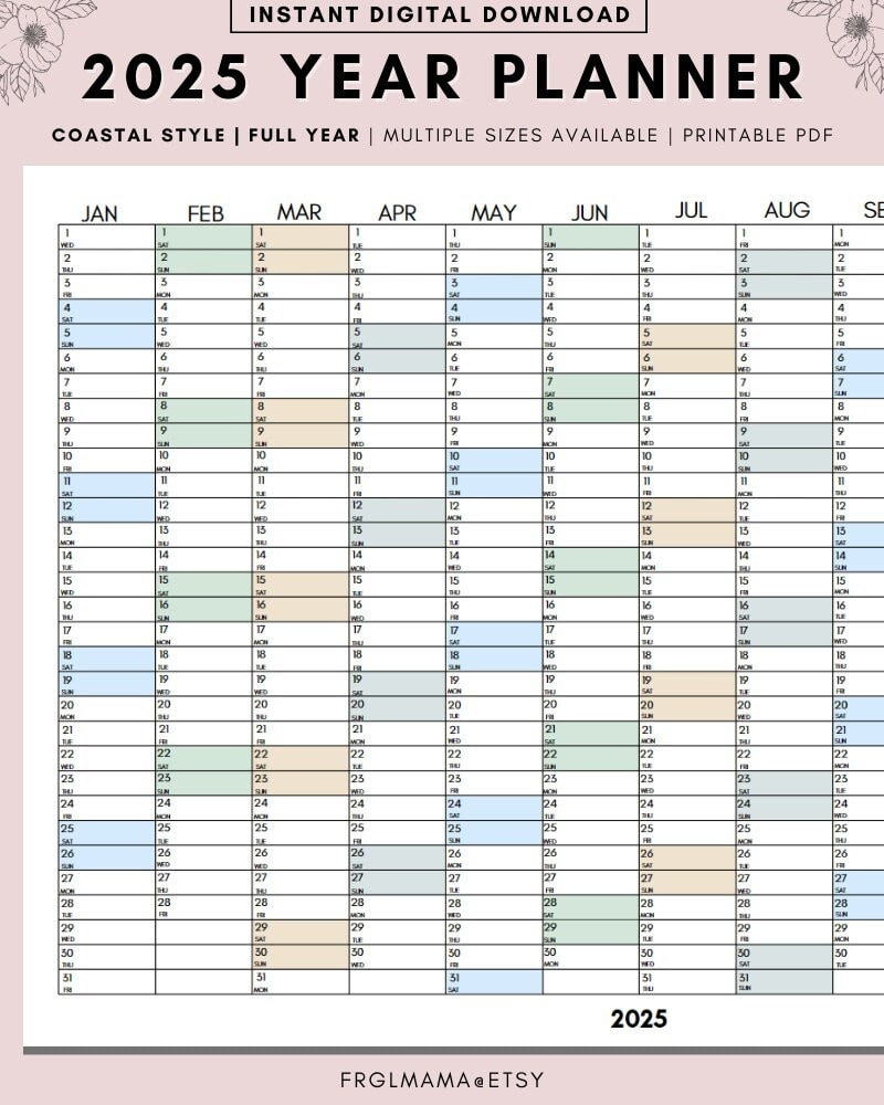 Full Year Calendar 2025, 2025 Monthly Planner, 2025 Rainbow Yearly with California Coast 2025 Calendar Printable