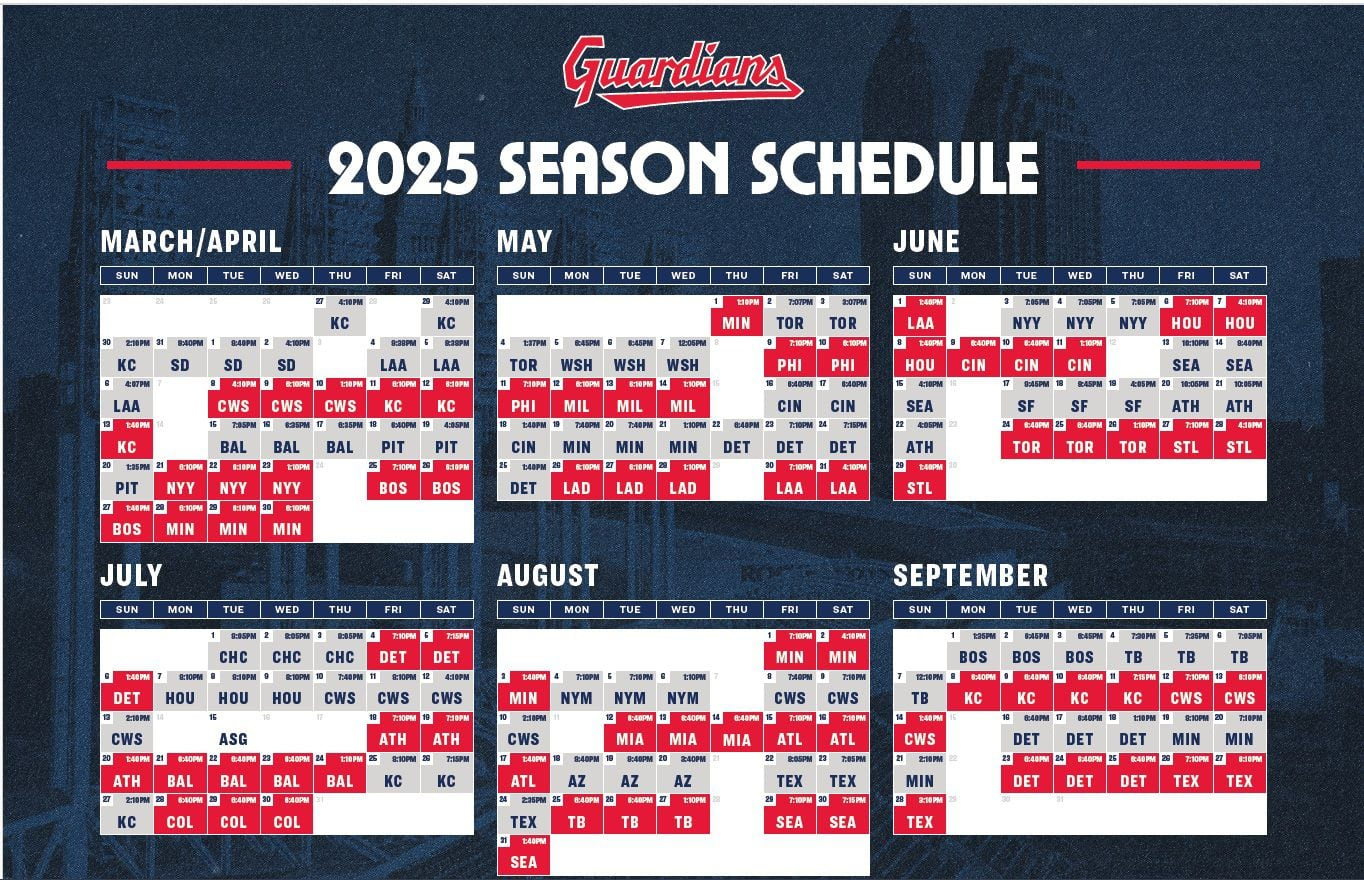 Guardians, Mlb Announce Start Times For 2025 Regular Season pertaining to MLB Cleveland Guardians 2025 Calendar Printable