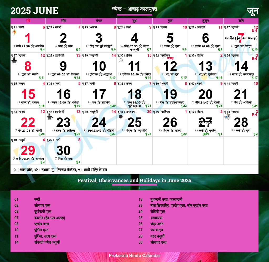 Hindu Calendar 2025, June in June 2025 Hindu Calendar