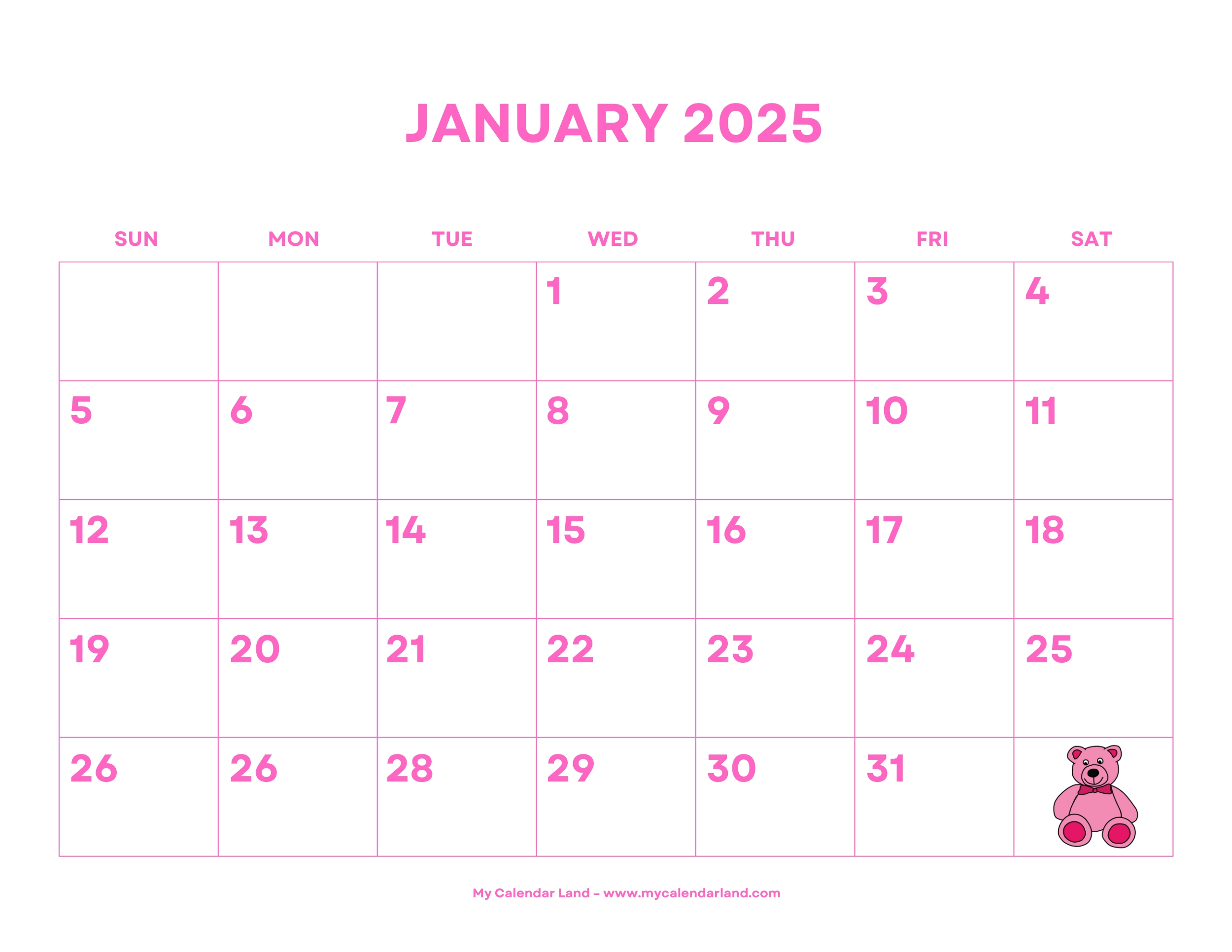 January 2025 Calendar - My Calendar Land throughout Land That I Love 2025 Calendar Printable