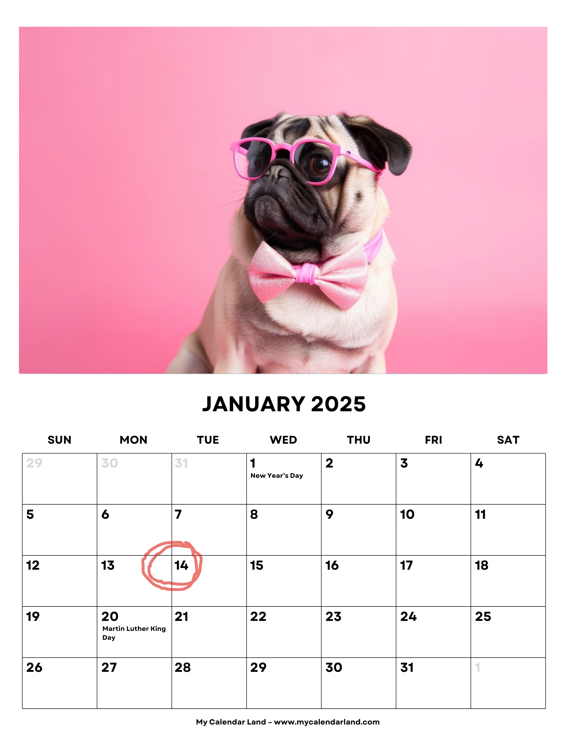 January 2025 Calendar - My Calendar Land with Puppies In Pink 2025 Calendar Printable