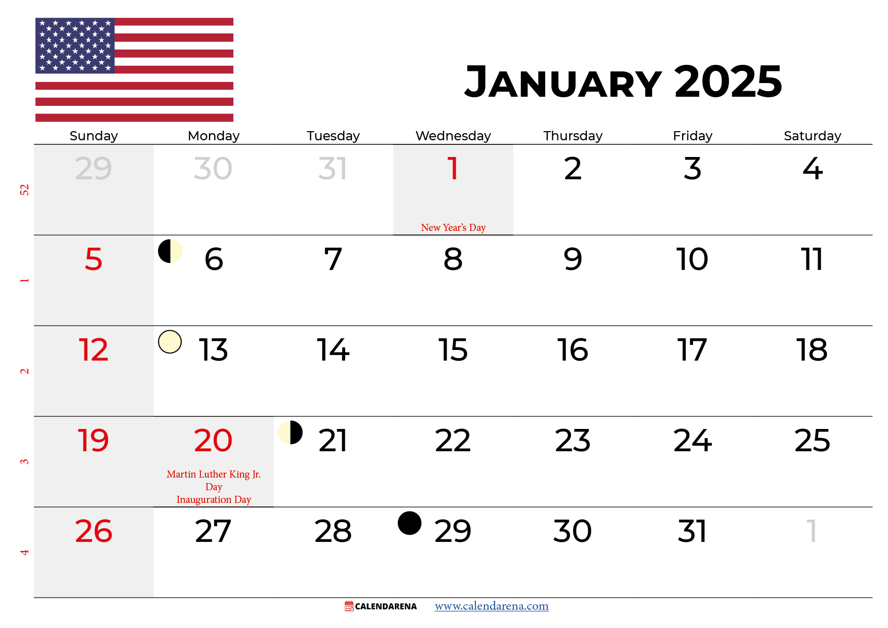 January 2025 Calendar Printable throughout American Flags 2025 Calendar Printable