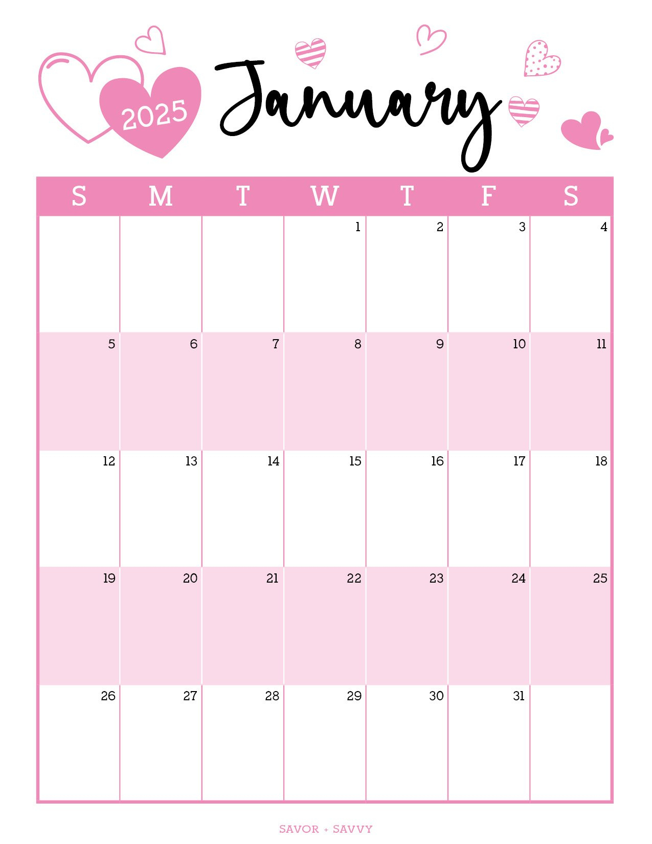 January 2025 Calendar Templates - 14 Free Printables - Savor + Savvy pertaining to Pink Vibes Only 2025 Calendar Printable
