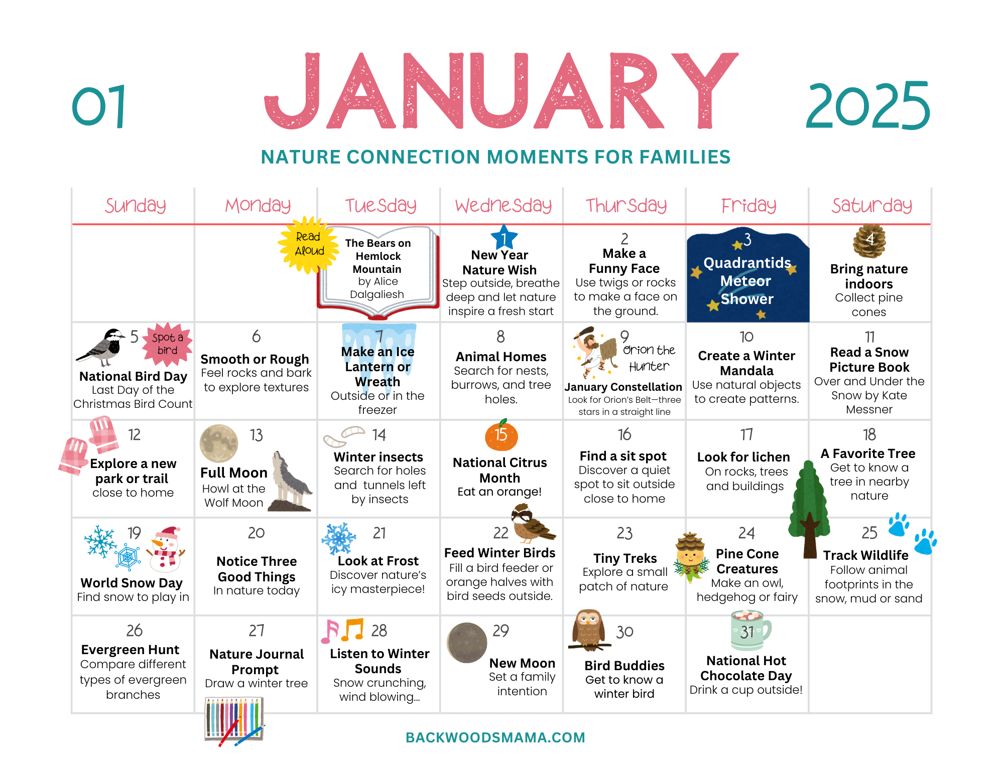 January 2025 Nature-Connection Calendar For Families - Backwoods Mama within Natures Wonders 2025 Calendar Printable