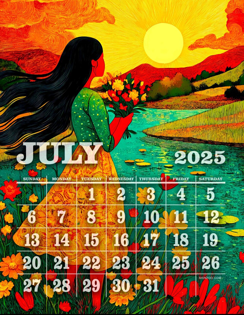 July Calendar 2025 Printable Empowered Woman Summer Flowers intended for Tropical Birds 2025 Calendar Printable
