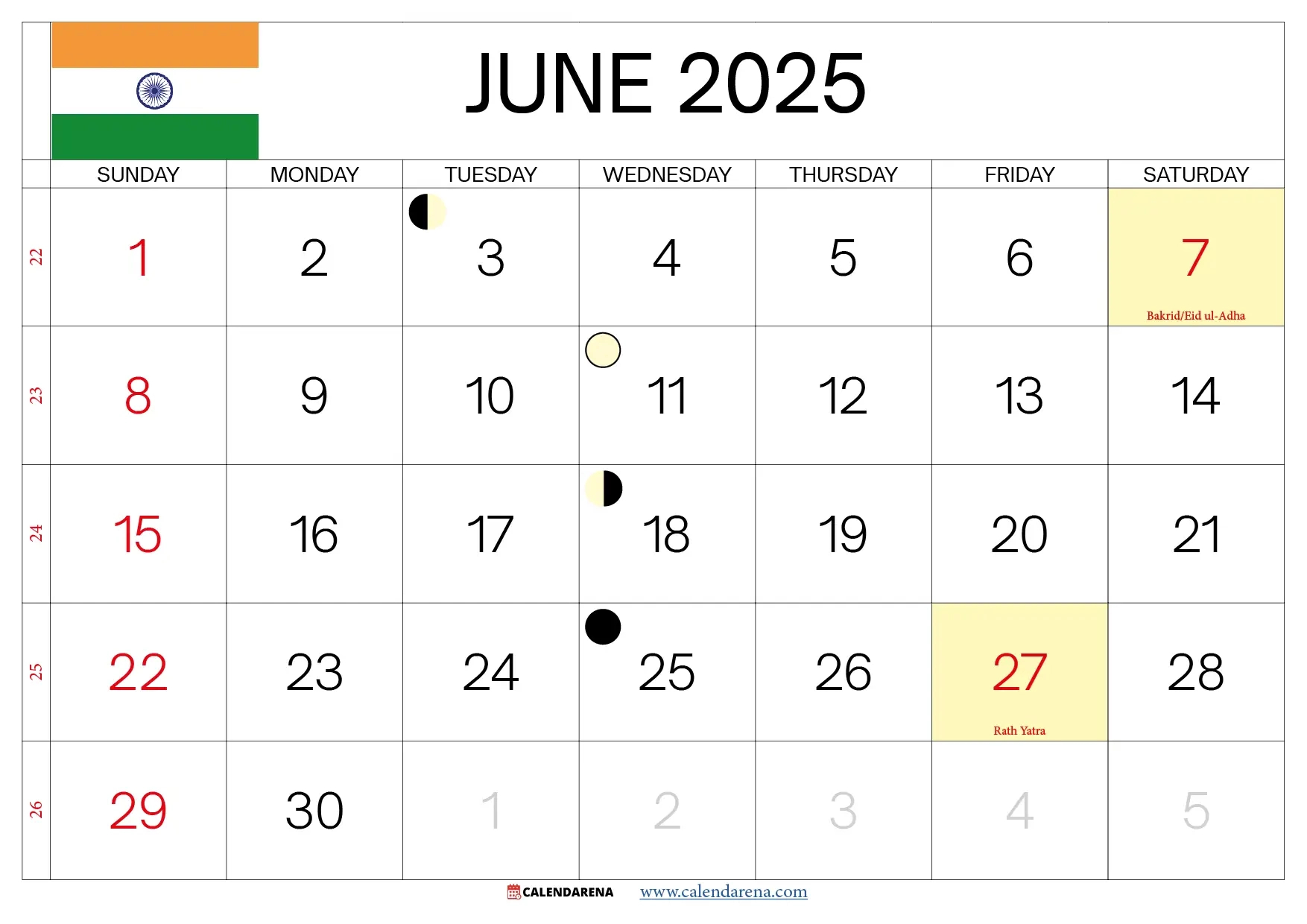 June 2025 Calendar India within June to June Calendar 2025