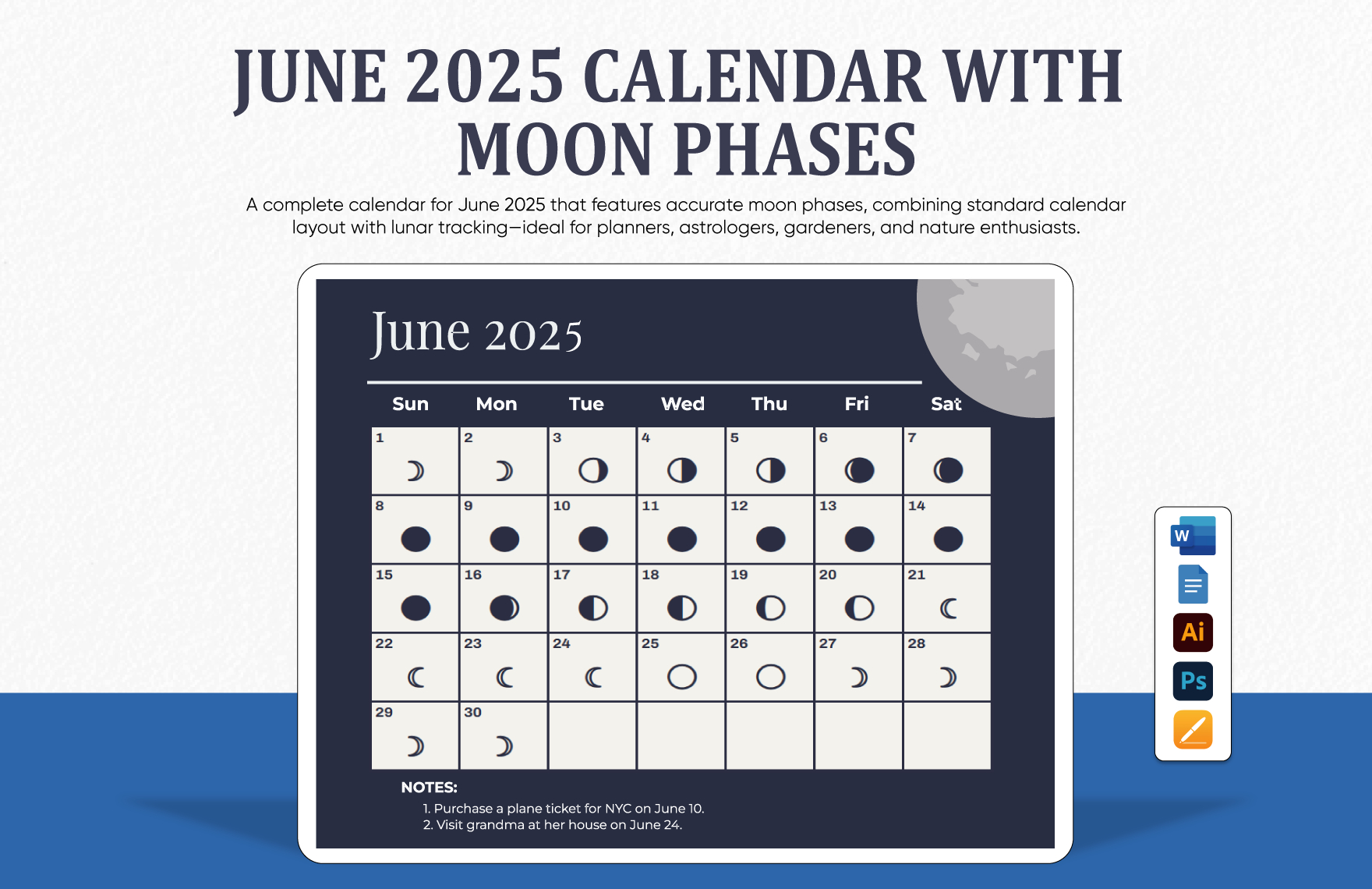 June 2025 Calendar Template With Moon Phases In Psd, Illustrator for Moon Calendar 2025 June