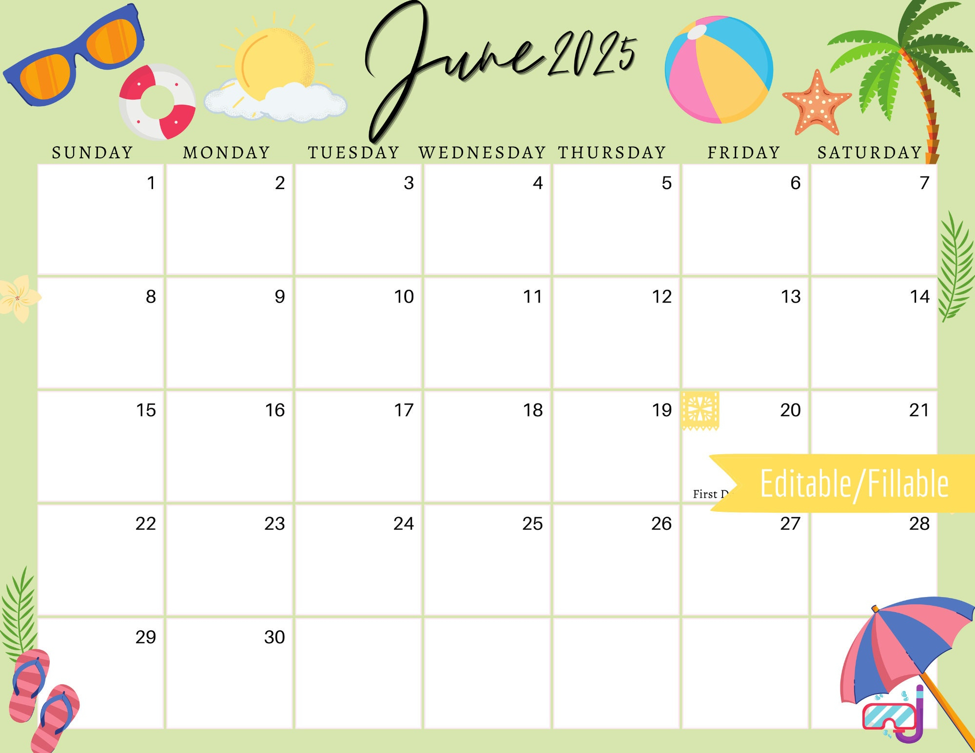 June 2025 Digital Calendar - Light Green Summer Planner Editable pertaining to Thats What She Said 2025 Calendar Printable