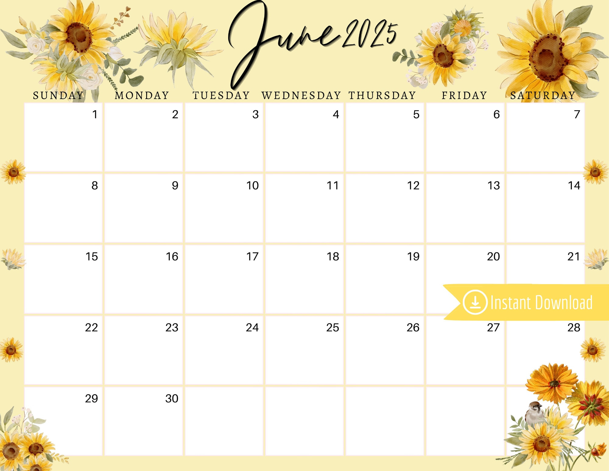 June 2025 Digital Calendar - Yellow Sunflowers Planner Editable with regard to Sunflowers 2025 Calendar Printable