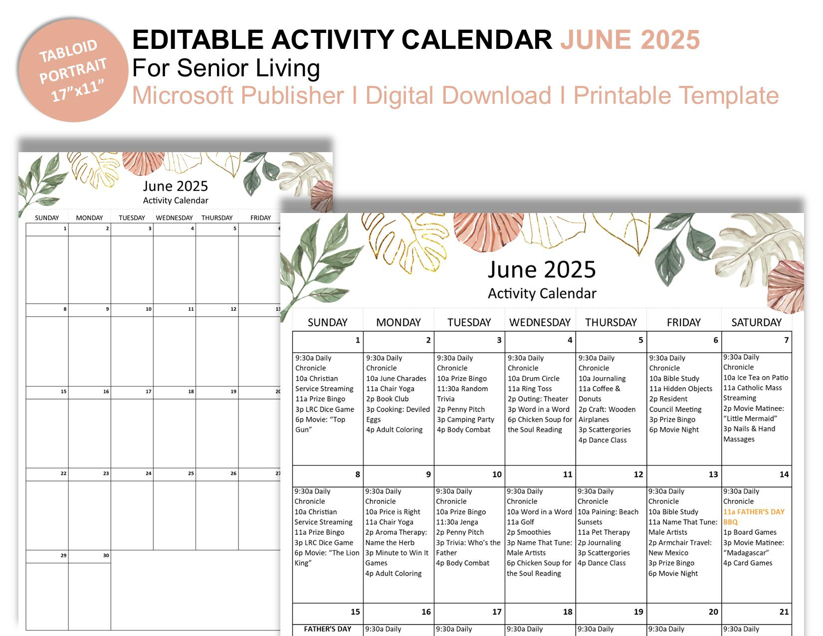 June 2025 Editable Monthly Activities Calendar For Senior Living in June Activity Calendar For Seniors 2025