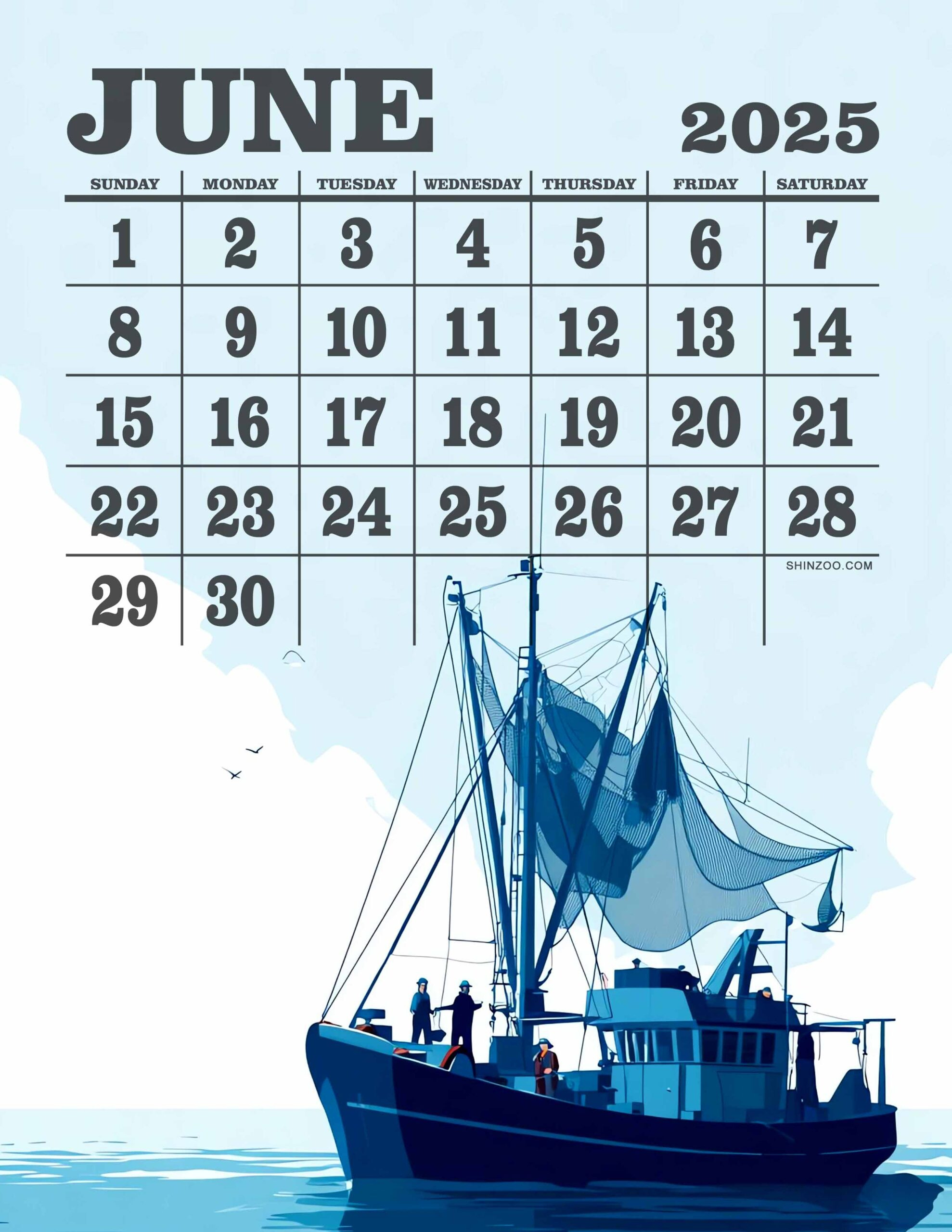 June 2025 Fishing Boat Calendar Fisherman Maritime Ocean Theme for Sailing 2025 Calendar Printable