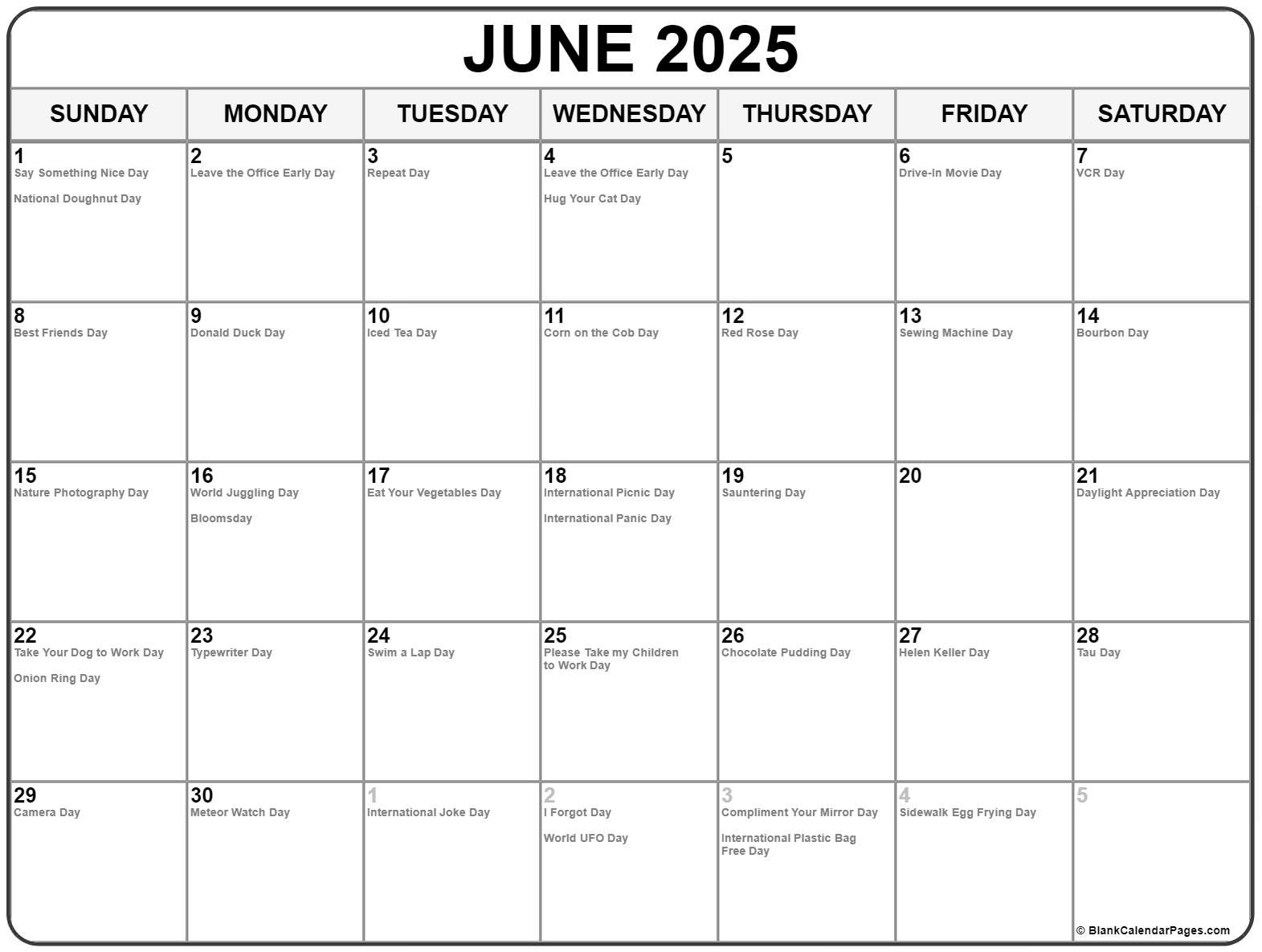 June 2025 With Holidays Calendar for June National Days Calendar 2025