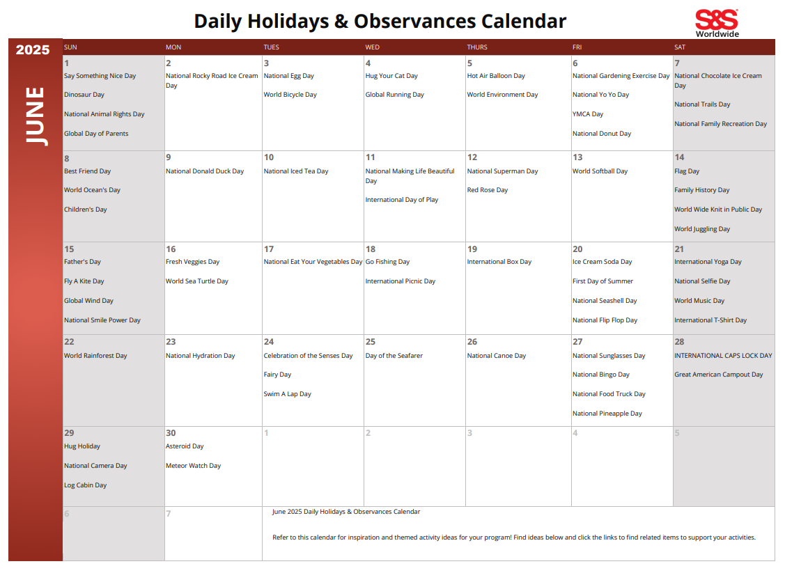 June Daily Holidays &amp;amp; Observances Printable Calendar - S&amp;amp;S Blog in Printable June Calendar with Holidays