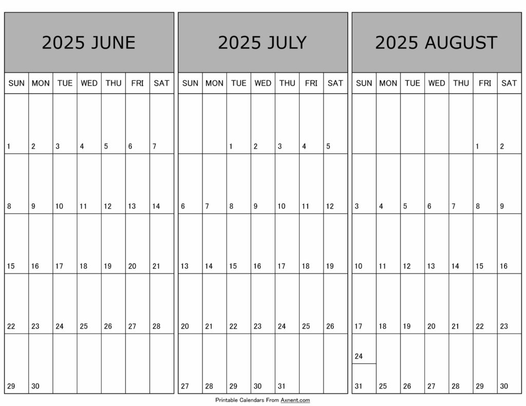 June To August Calendar 2025 Templates - Three Months for 3 Month Calendar June July August 2025
